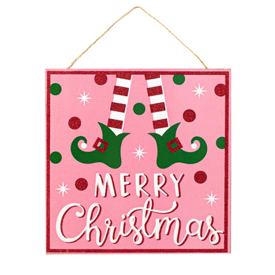10" Square Wooden Sign: Light Pink Glitter Christmas Elf Item Number: AP897015