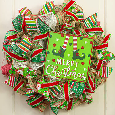 10" Square Wooden Sign: Lime Glitter Christmas Elf Lifestyle Photo