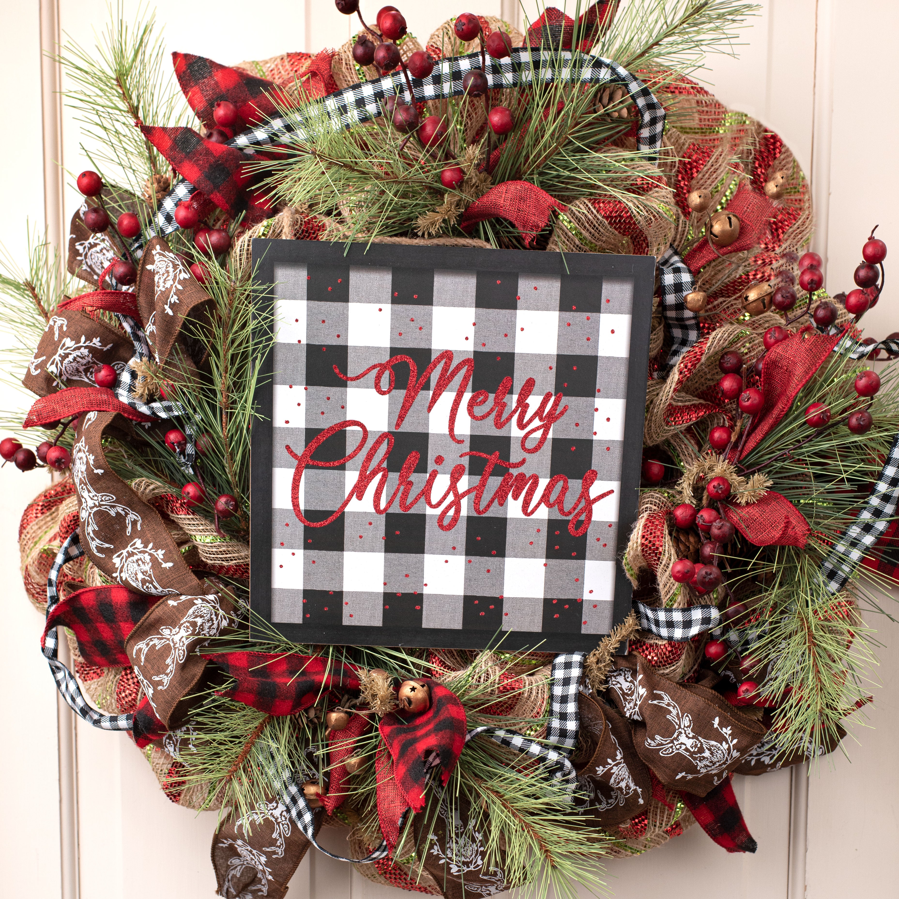 10" Square Wooden Sign: Merry Christmas On Check Lifestyle Photo