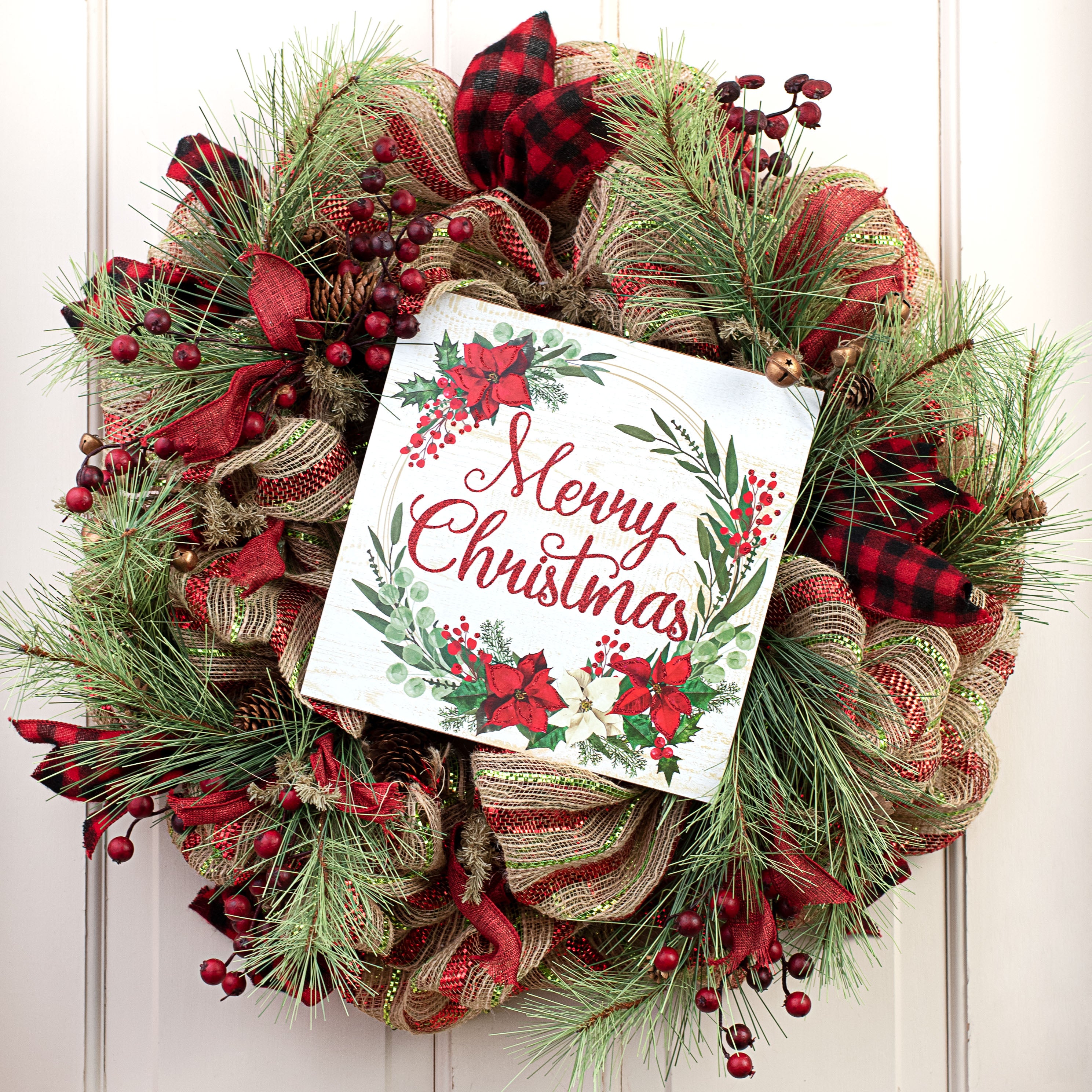 10" Square Wooden Sign: Merry Christmas Poinsettias Lifestyle Photo