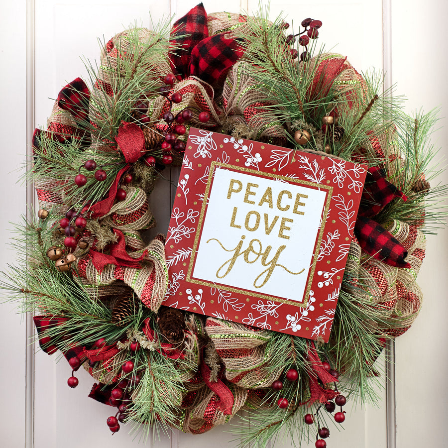 10" Square Wooden Sign: Peace, Love, Joy Glitter Lifestyle Photo