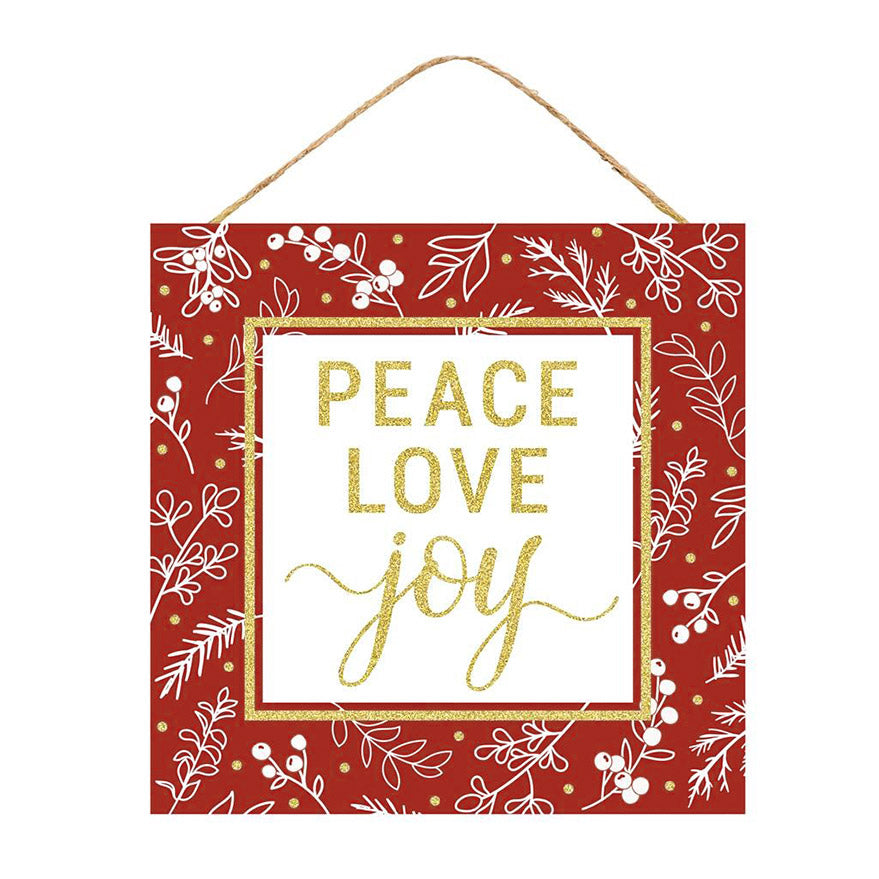 10" Square Wooden Sign: Peace, Love, Joy Glitter Item Number: AP8953
