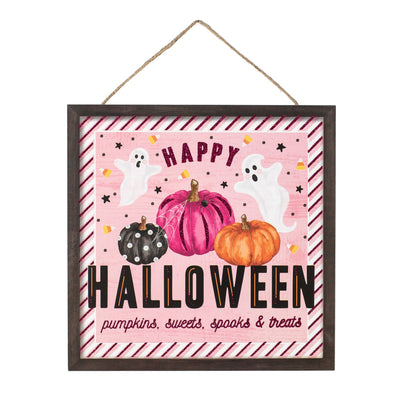 10" Square Wooden Sign: Pink, Orange, Black Happy Halloween Item Number: AP7863