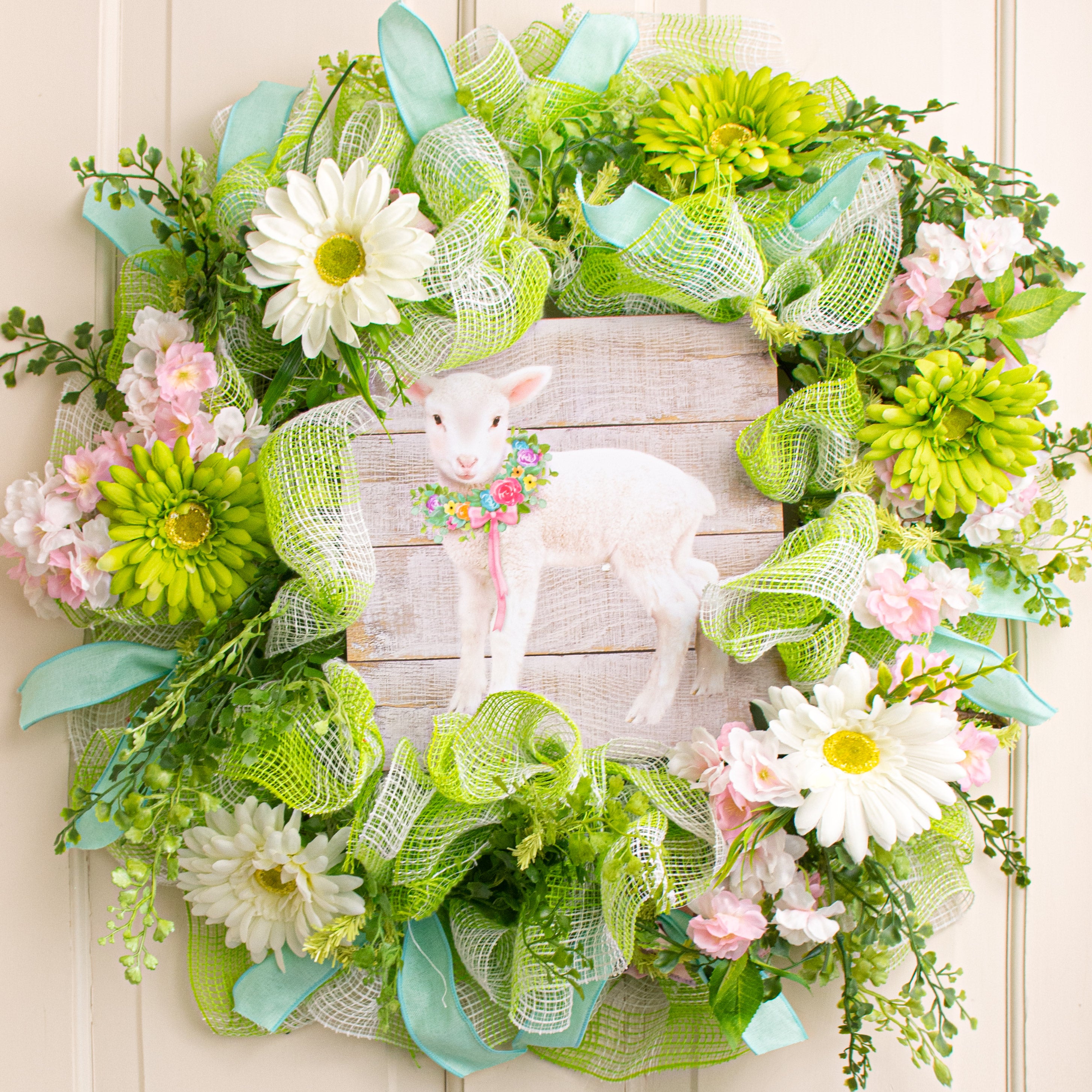 10" Square Wooden Sign: Spring Lamb With Floral Wreath Lifestyle Photo