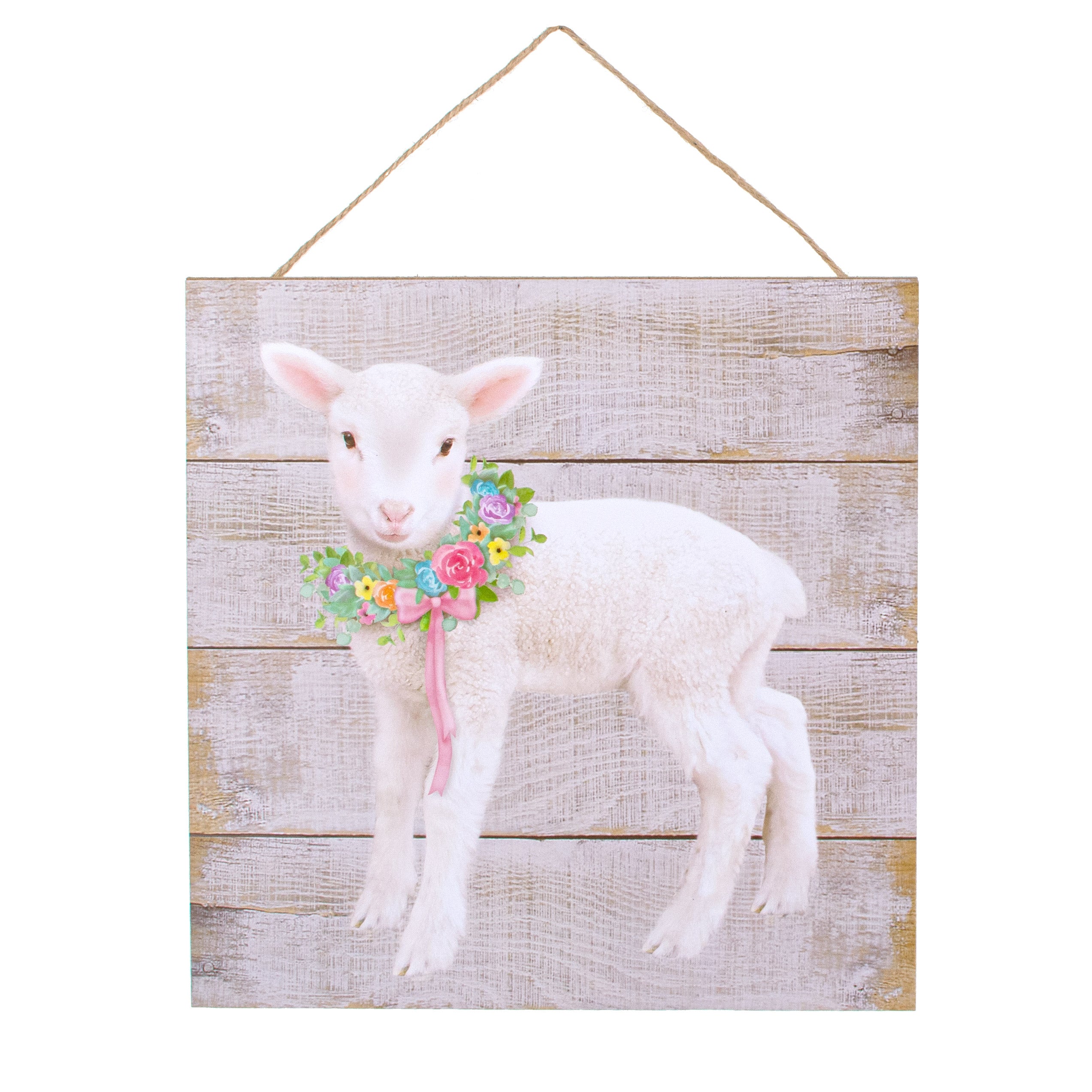 10" Square Wooden Sign: Spring Lamb With Floral Wreath Item Number: AP7098