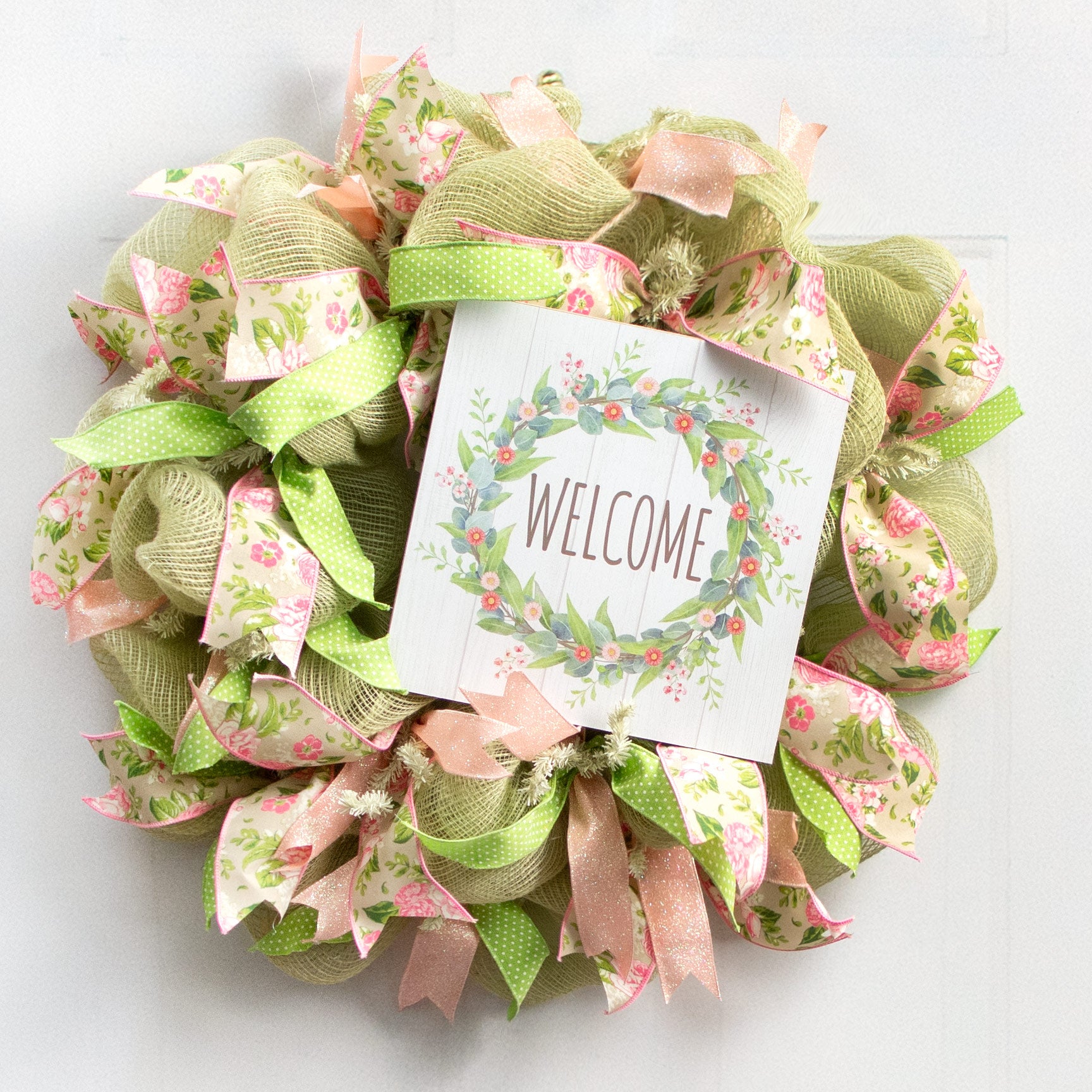 10" Square Wooden Sign: Welcome Floral Wreath Lifestyle Photo