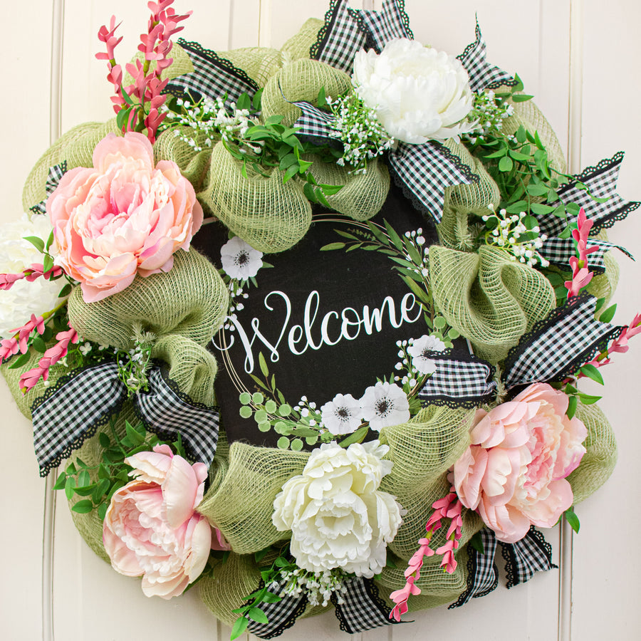 10" Square Wooden Sign: Welcome Floral Wreath Black & White Lifestyle Photo