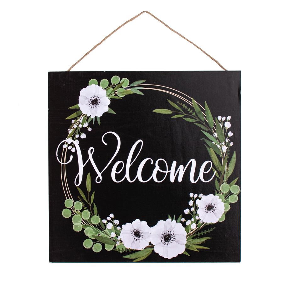 10" Square Wooden Sign: Welcome Floral Wreath Black & White Item Number: AP710927