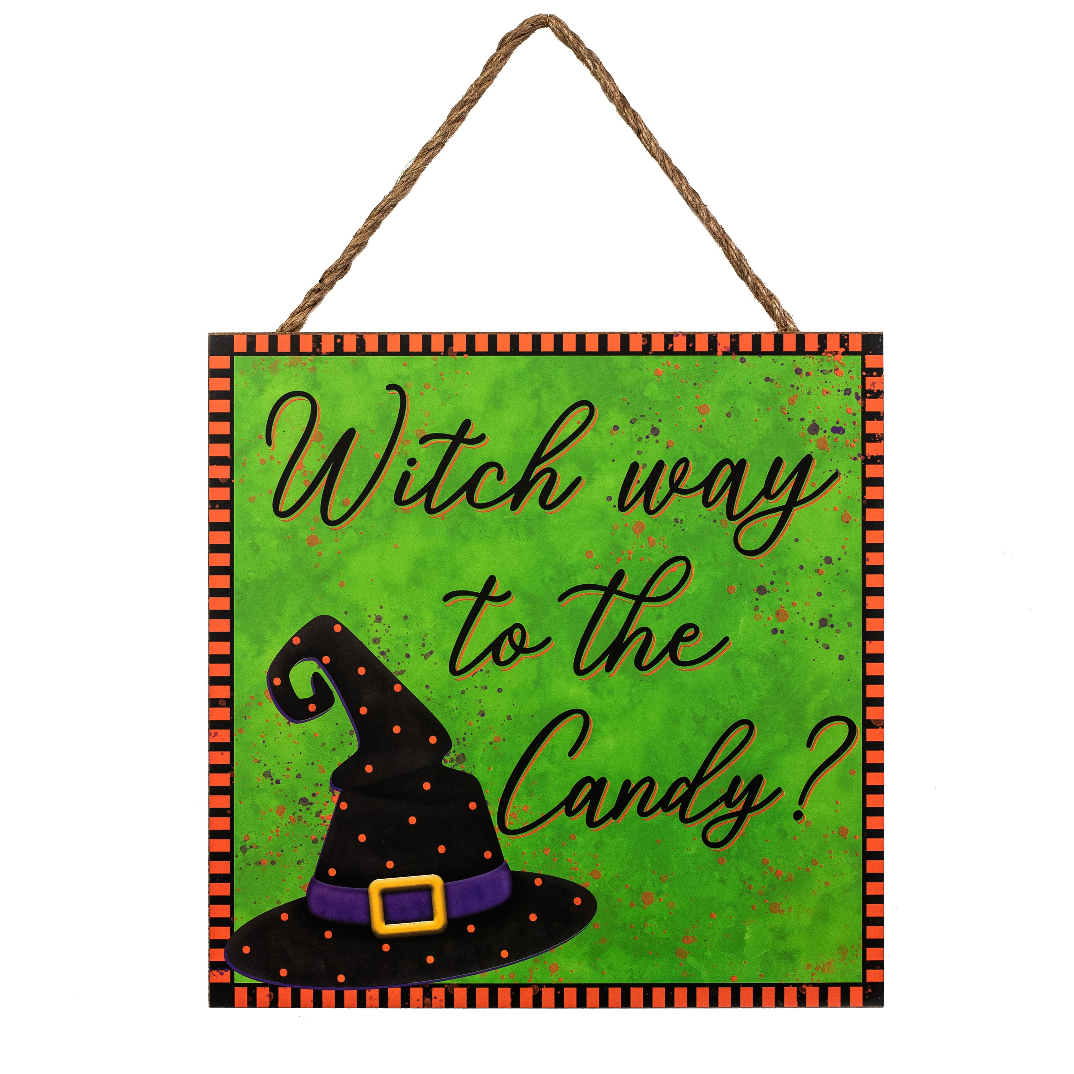 10" Square Wooden Sign: Witch Way To The Candy Item Number: AP7055