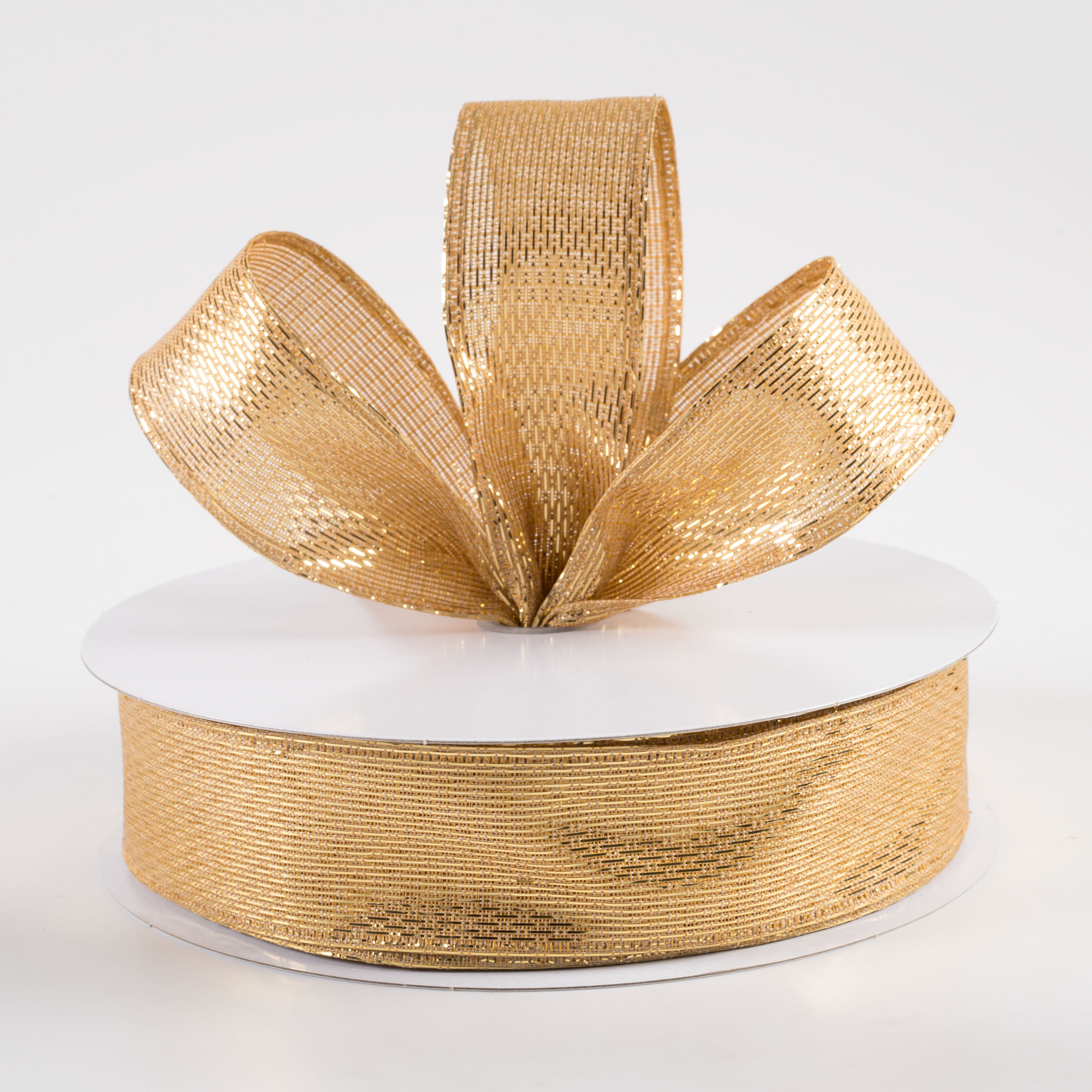 1.5" Stair-Step Woven Metallic Ribbon: Gold (50 Yards) Lifestyle Photo