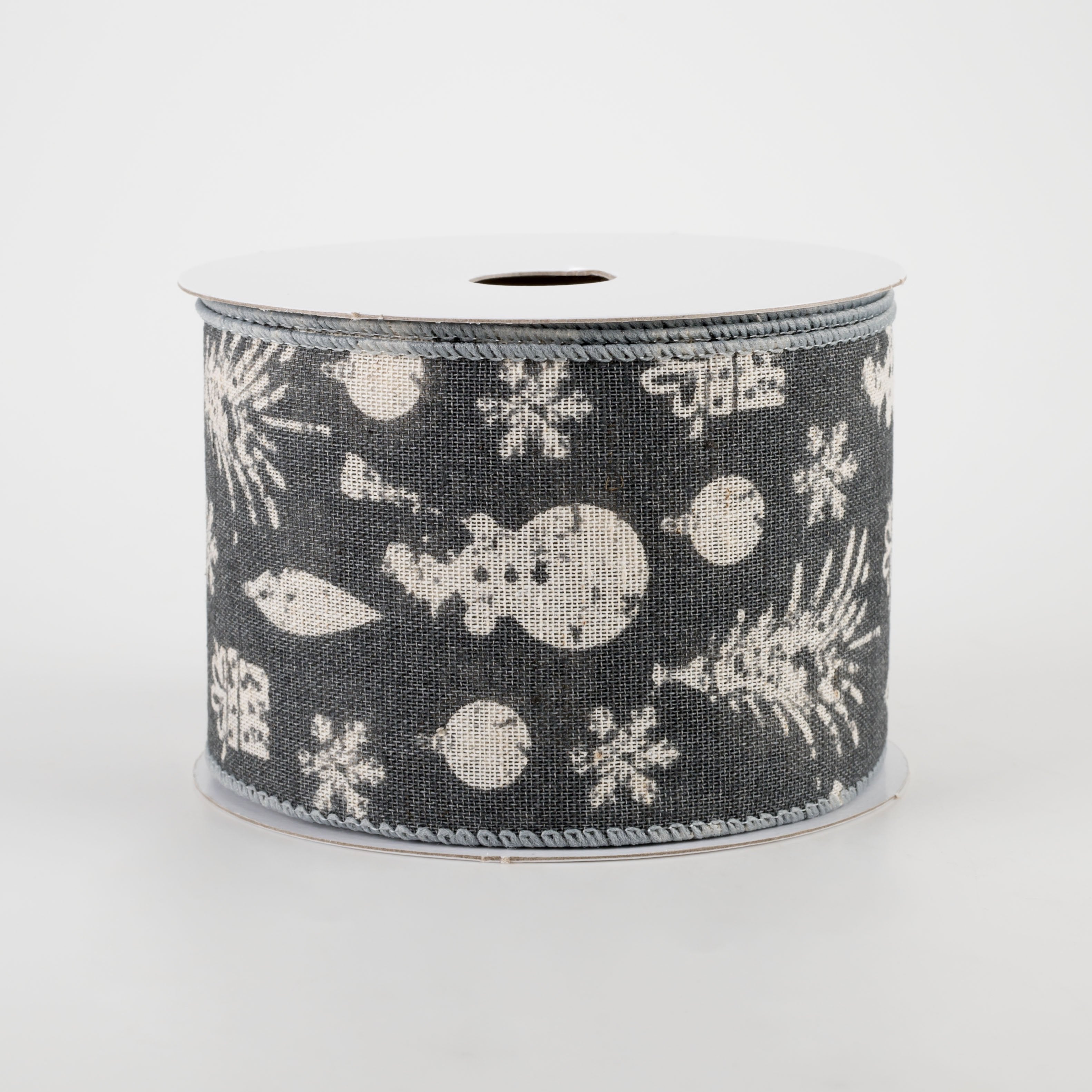 2.5" Stamped Christmas Icons Ribbon: Grey & Ivory (10 Yards) Item Number: 71161-40-51