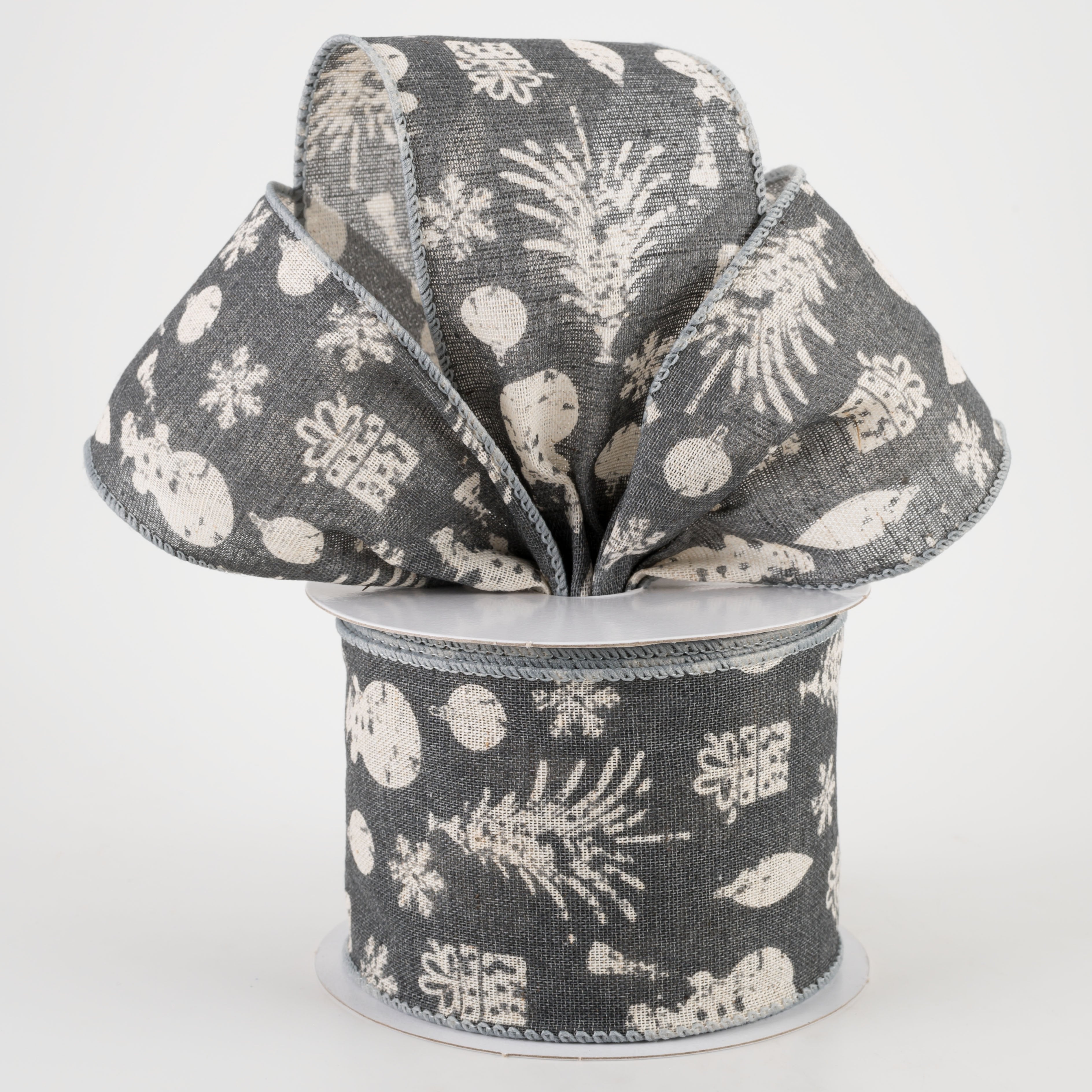 2.5" Stamped Christmas Icons Ribbon: Grey & Ivory (10 Yards) Lifestyle Photo
