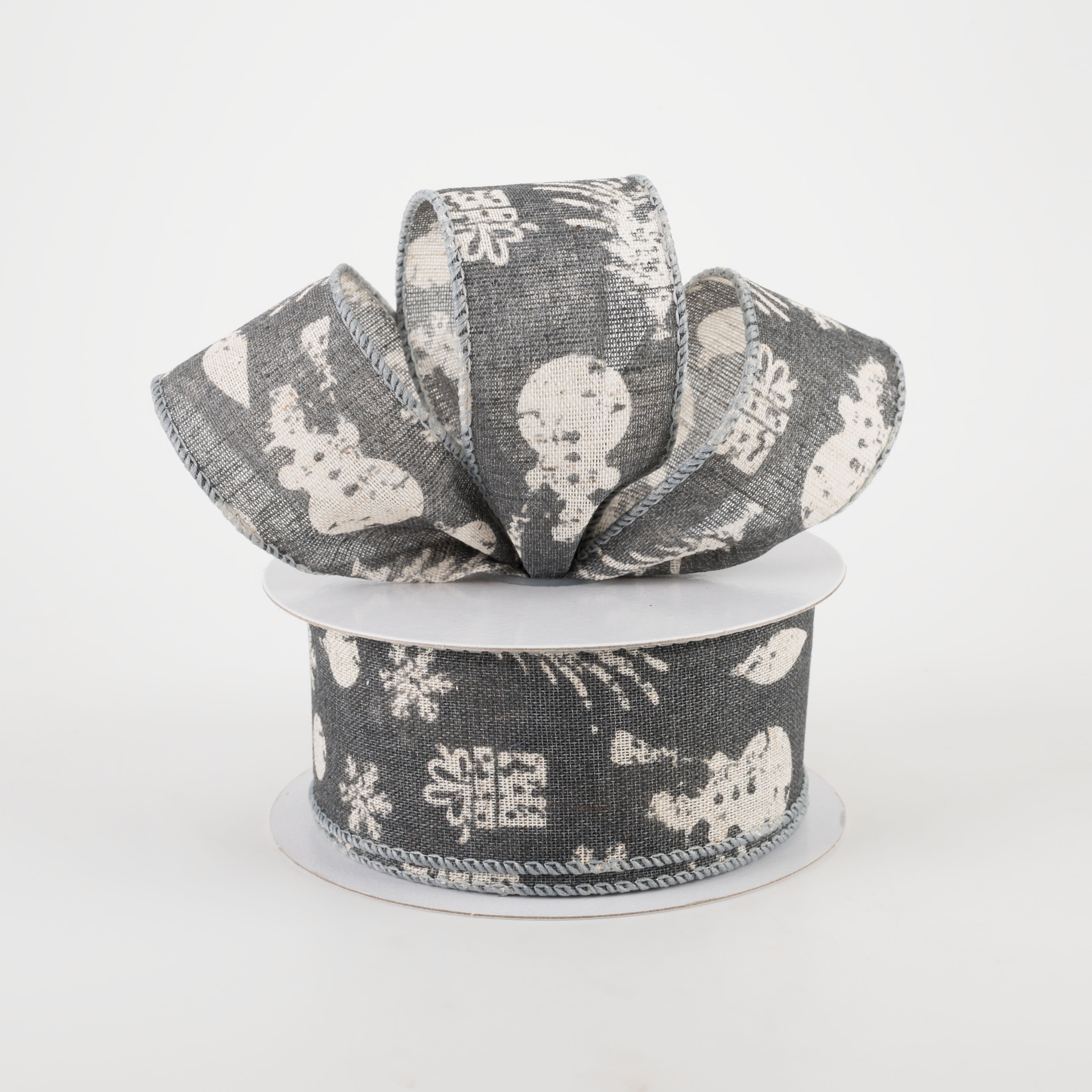 1.5" Stamped Christmas Icons Ribbon: Grey & Ivory (10 Yards) Lifestyle Photo