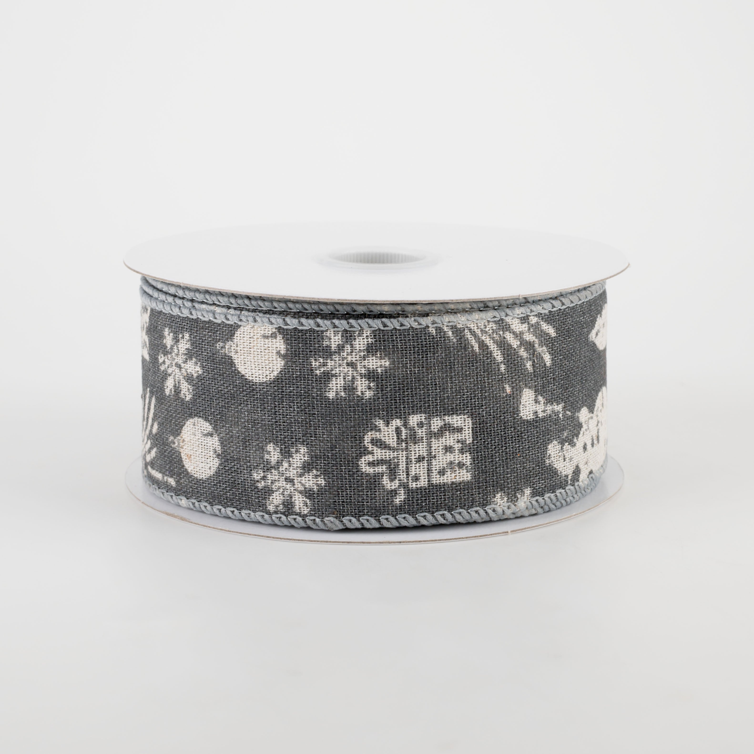 1.5" Stamped Christmas Icons Ribbon: Grey & Ivory (10 Yards)