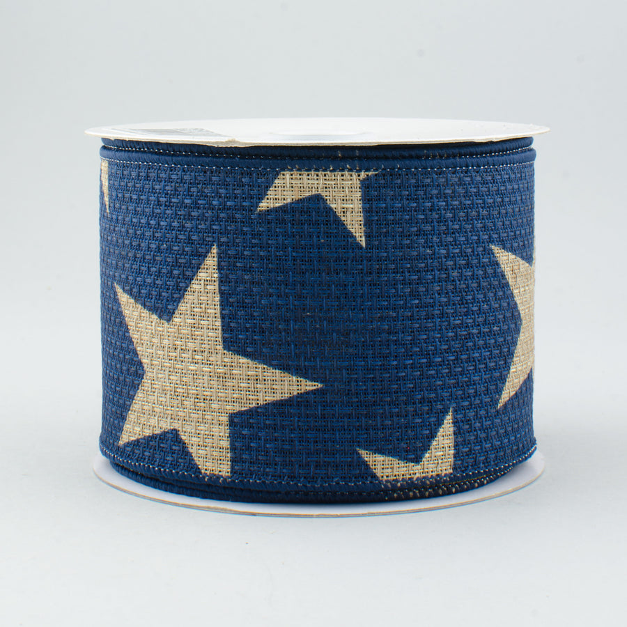 2.5" Star Print Ribbon: Blue & Natural (10 Yards)