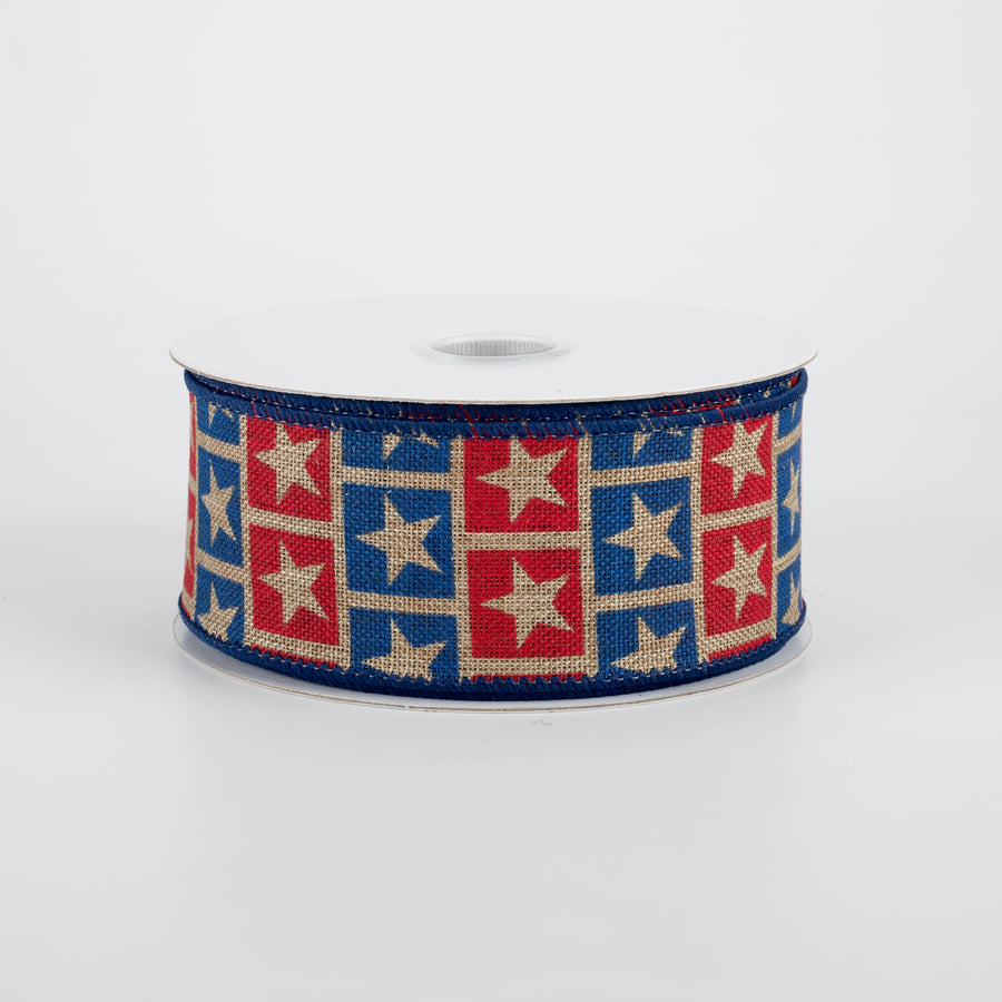 1.5" Star Squares Ribbon: Red, Blue, Dark Natural (10 Yards)