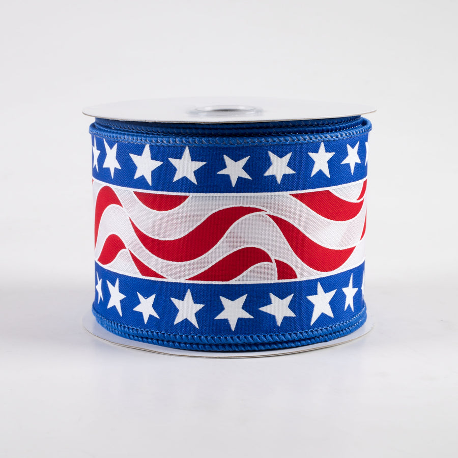2.5" Star Wavy Stripes Ribbon: RWB (10 Yards)
