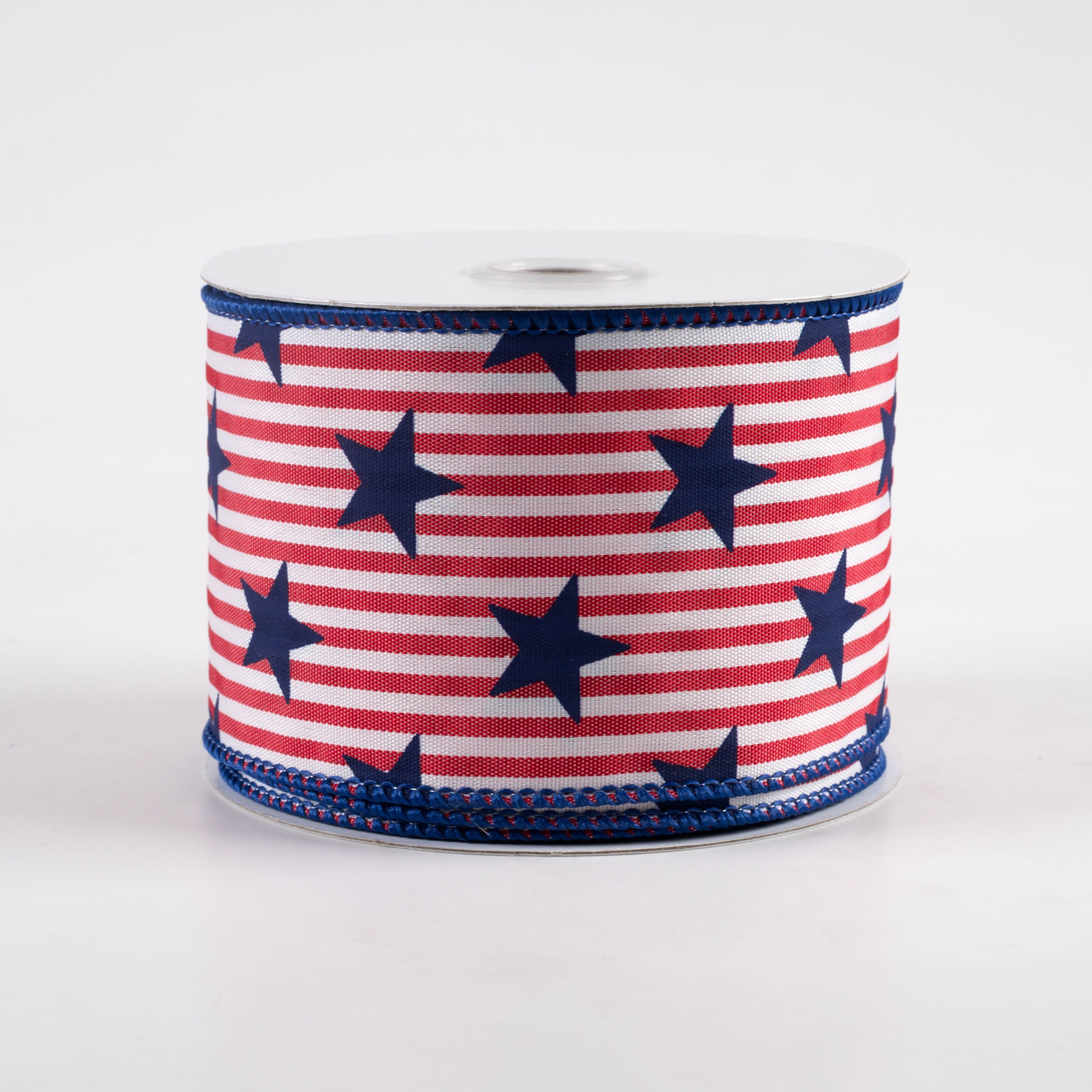 2.5" Stars on Woven Stripe Ribbon: Red, White, Navy (10 Yards)