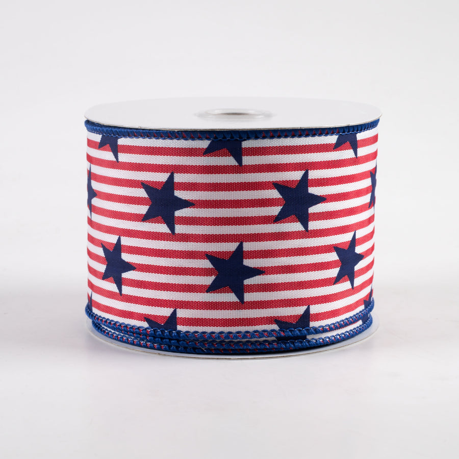 2.5" Stars on Woven Stripe Ribbon: Red, White, Navy (10 Yards)