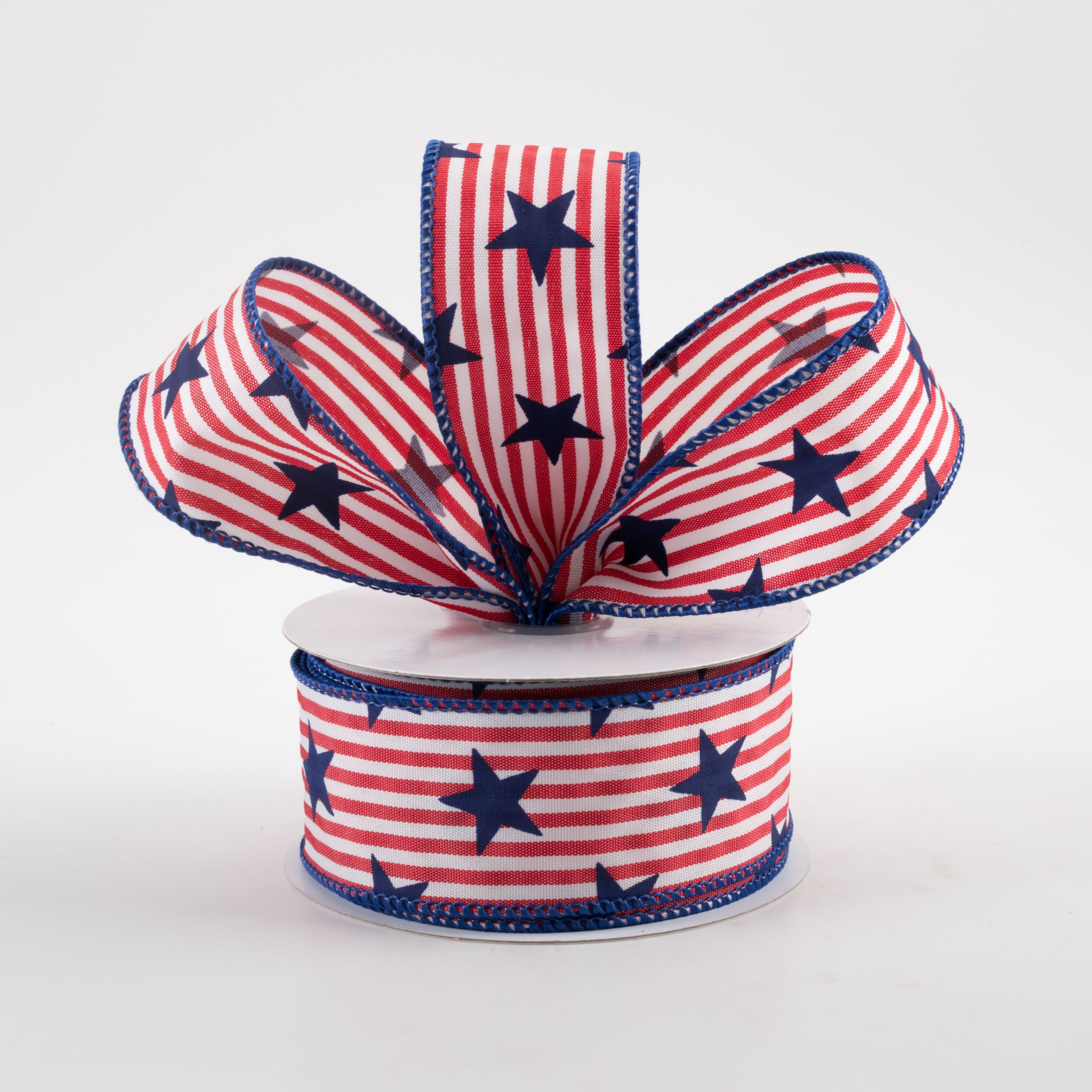 1.5" Stars on Woven Stripe Ribbon: Red, White, Navy (10 Yards) Lifestyle Photo