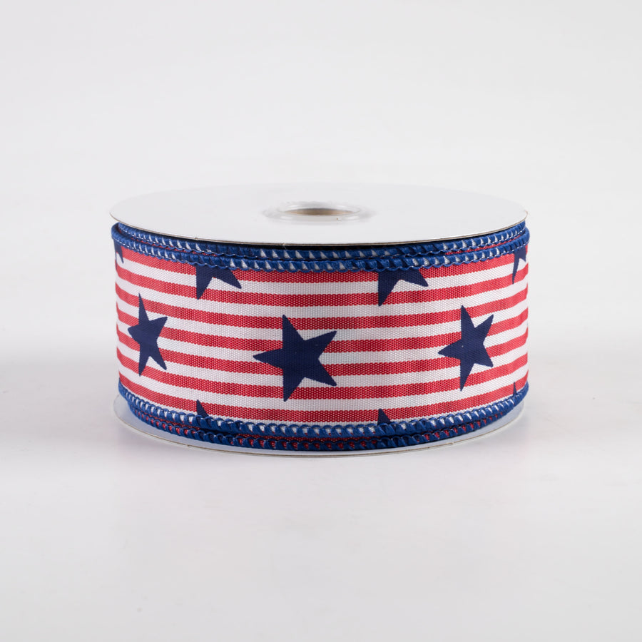 1.5" Stars on Woven Stripe Ribbon: Red, White, Navy (10 Yards)