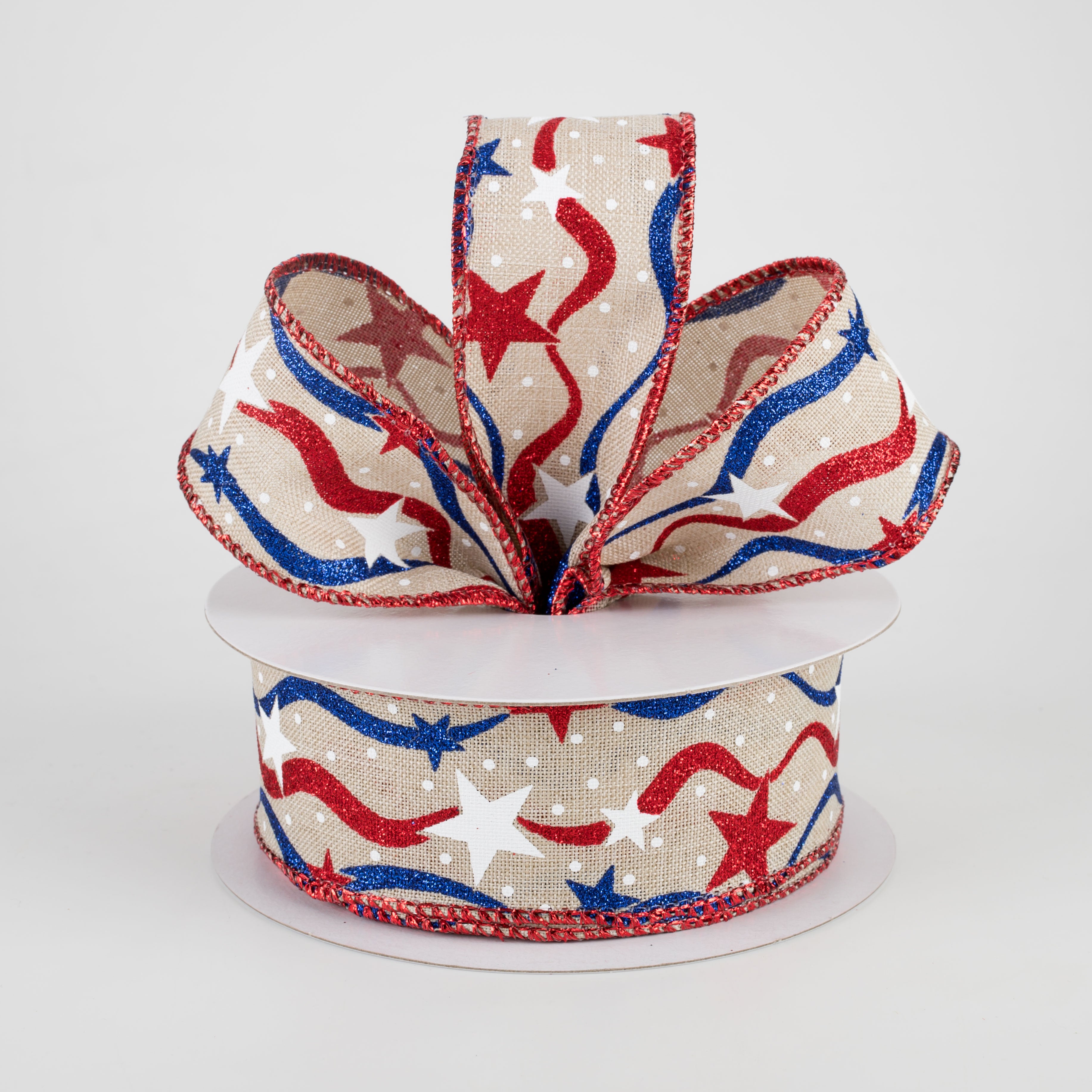 1.5" Stars & Wavy Stripes Ribbon: Light Natural, Red, White, Blue (10 Yards) Lifestyle Photo