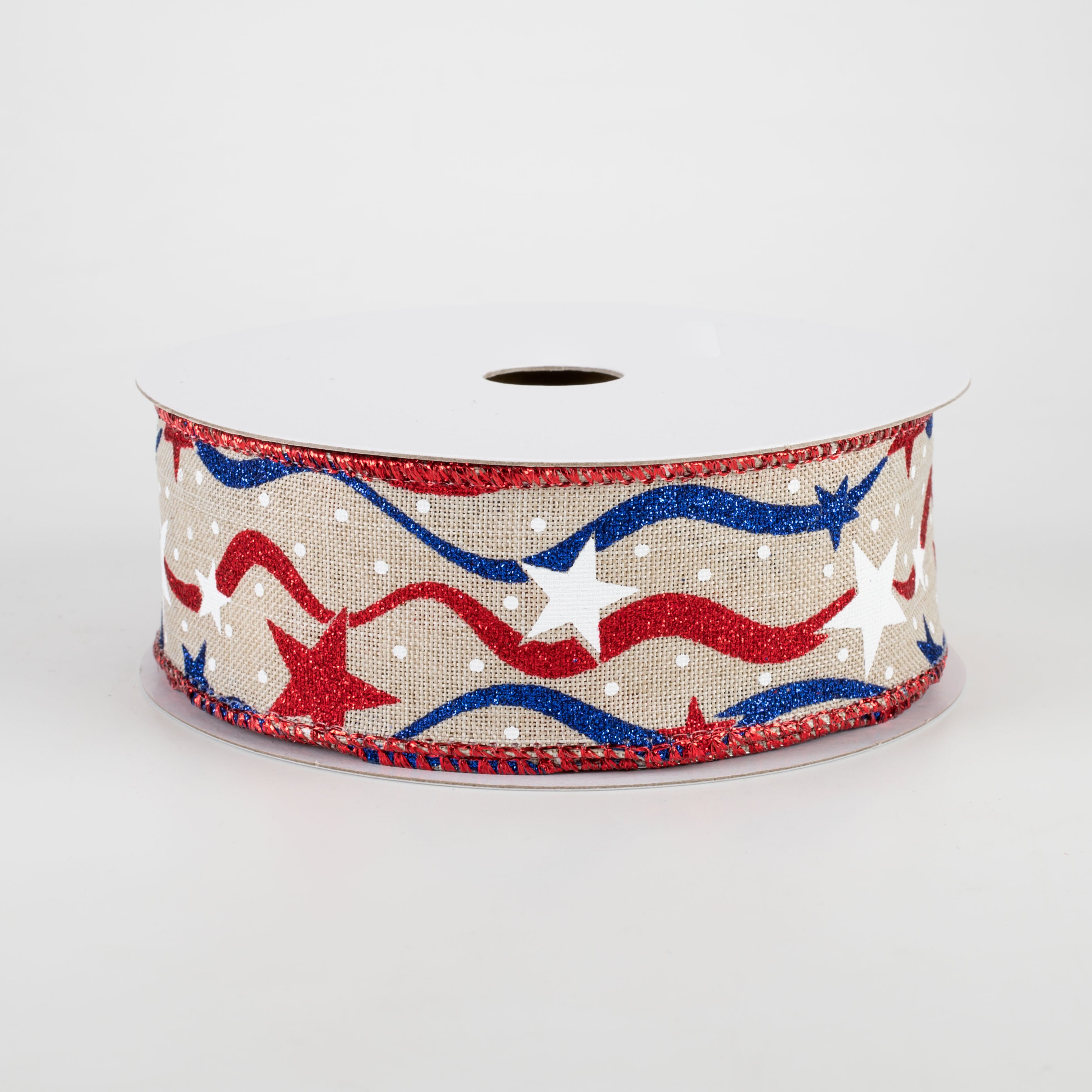 1.5" Stars & Wavy Stripes Ribbon: Light Natural, Red, White, Blue (10 Yards)
