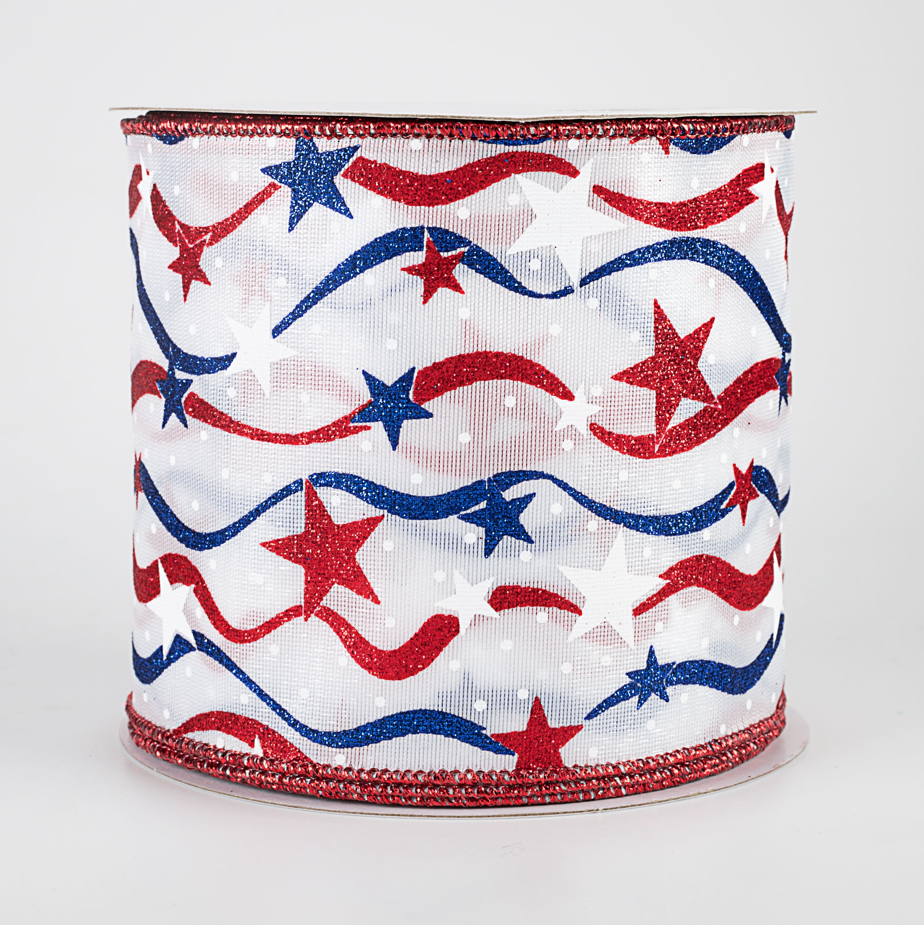 4" Stars & Wavy Stripes Ribbon: White Satin (10 Yards)