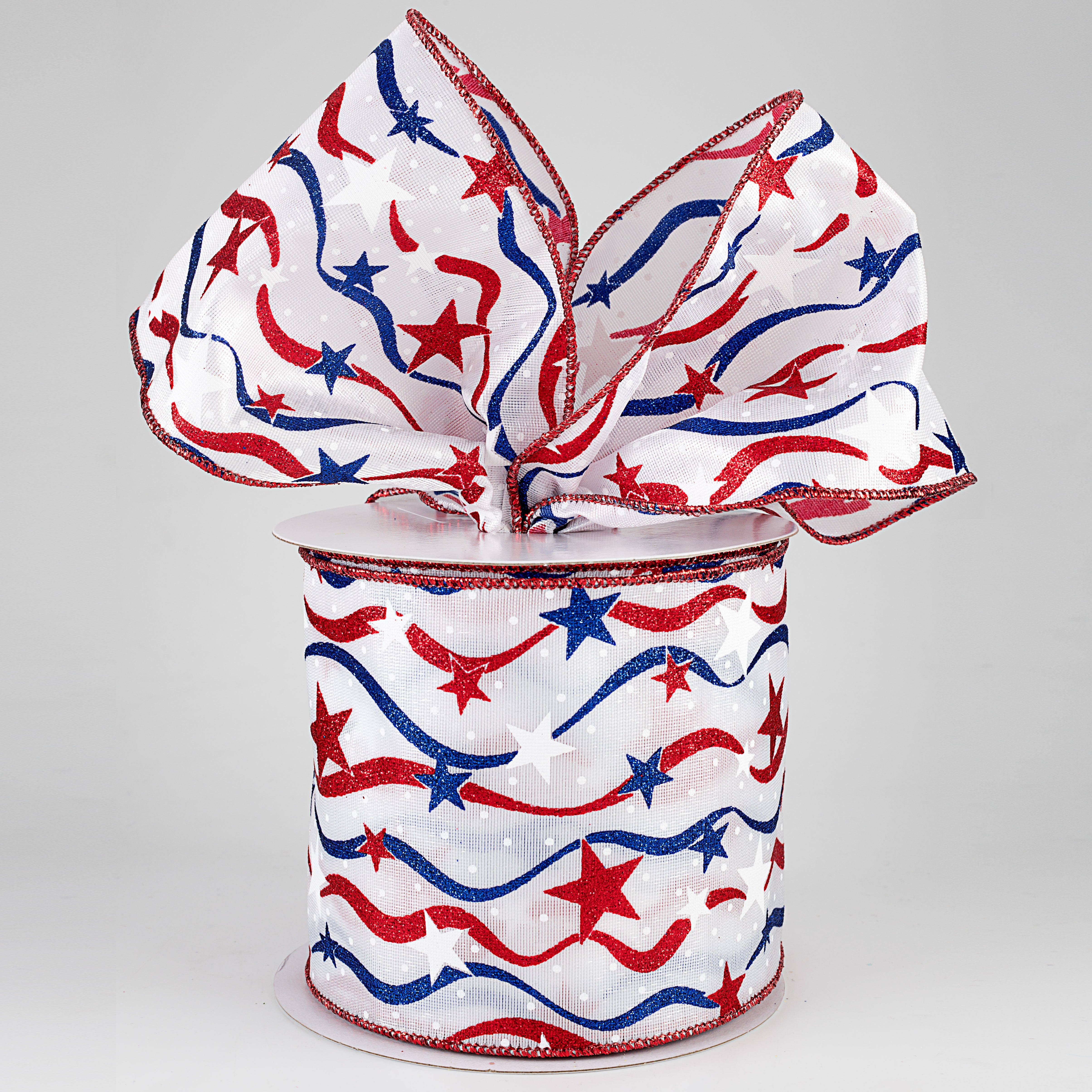 4" Stars & Wavy Stripes Ribbon: White Satin (10 Yards) Lifestyle Photo