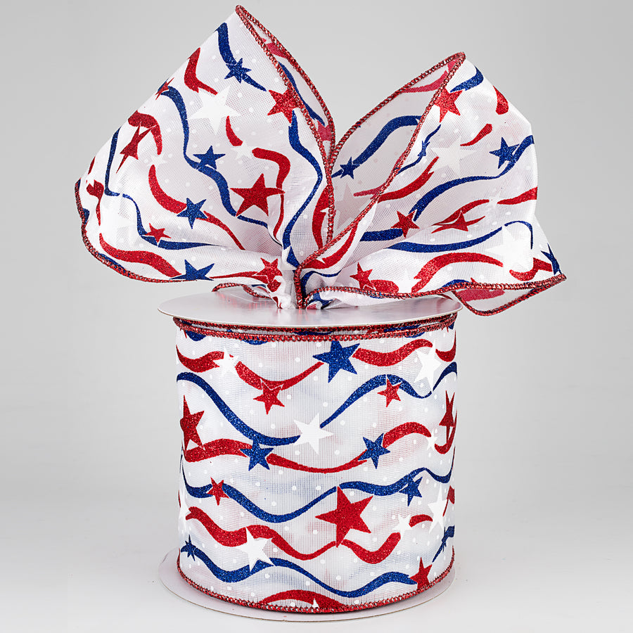 4" Stars & Wavy Stripes Ribbon: White Satin (10 Yards) Lifestyle Photo