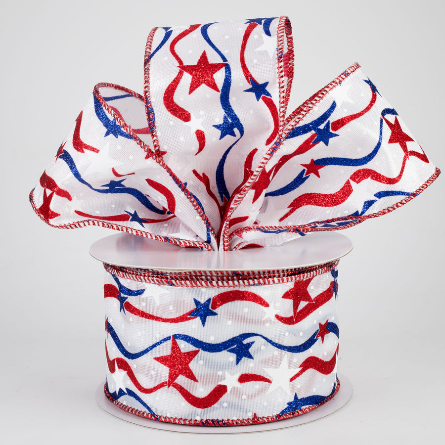 2.5" Stars & Wavy Stripes Ribbon: White Satin (10 Yards) Lifestyle Photo