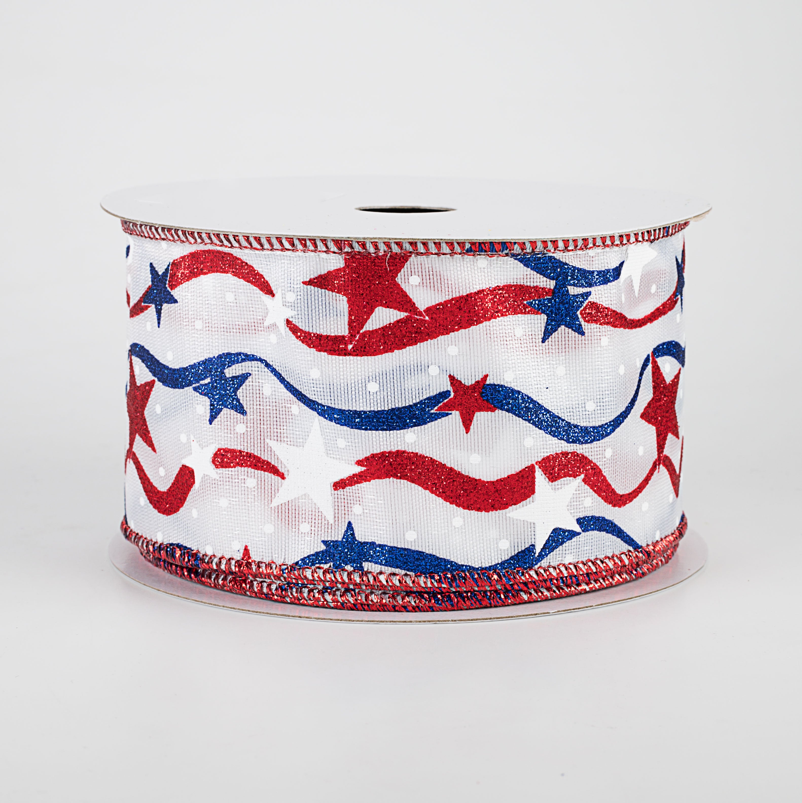 2.5" Stars & Wavy Stripes Ribbon: White Satin (10 Yards)