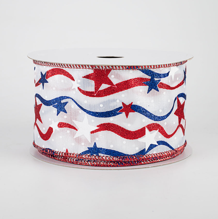 2.5" Stars & Wavy Stripes Ribbon: White Satin (10 Yards)