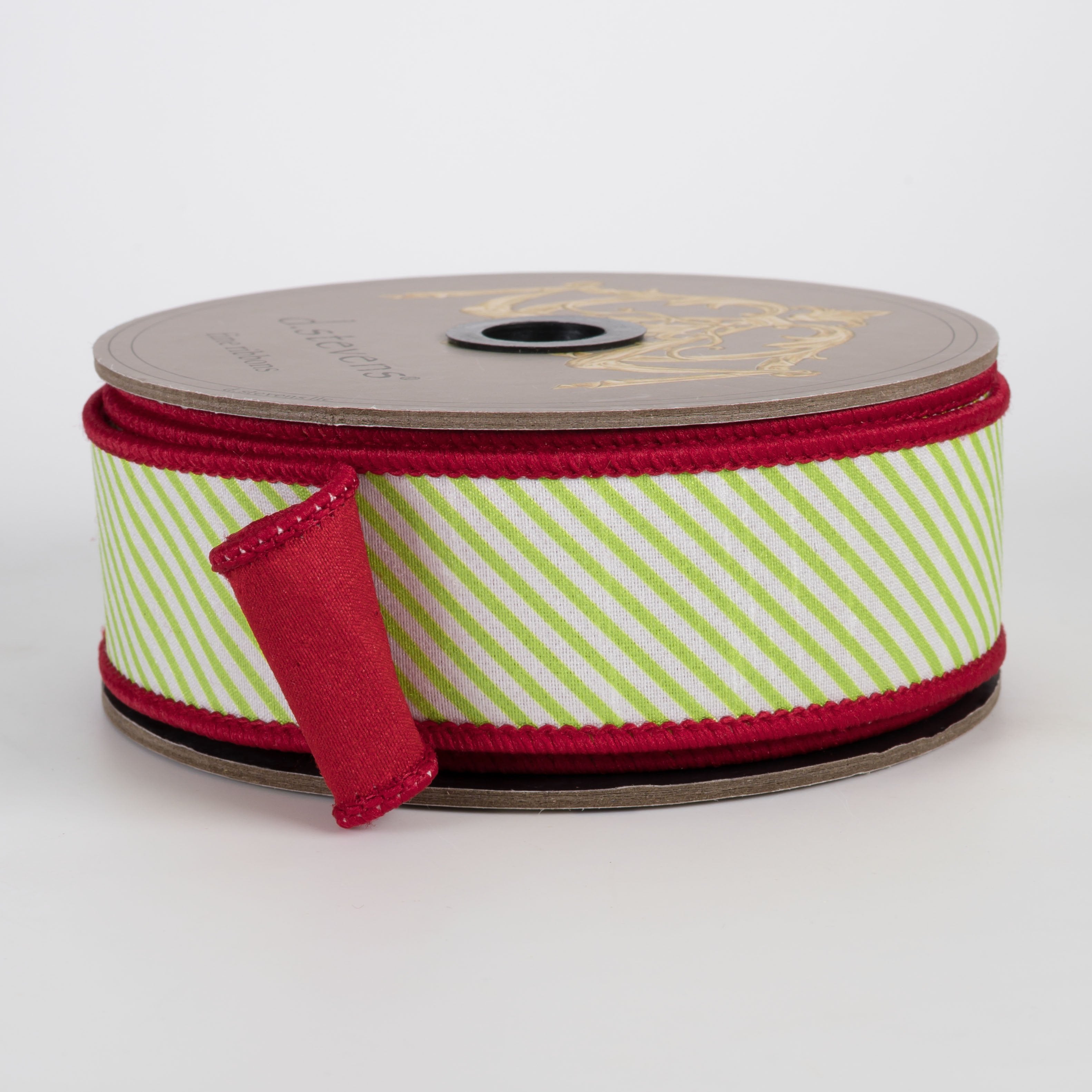 [D Stevens] 1.5" Dupioni Diagonal Stripes Ribbon: Red, Lime & White (10 Yards) Item Number: 05-2234