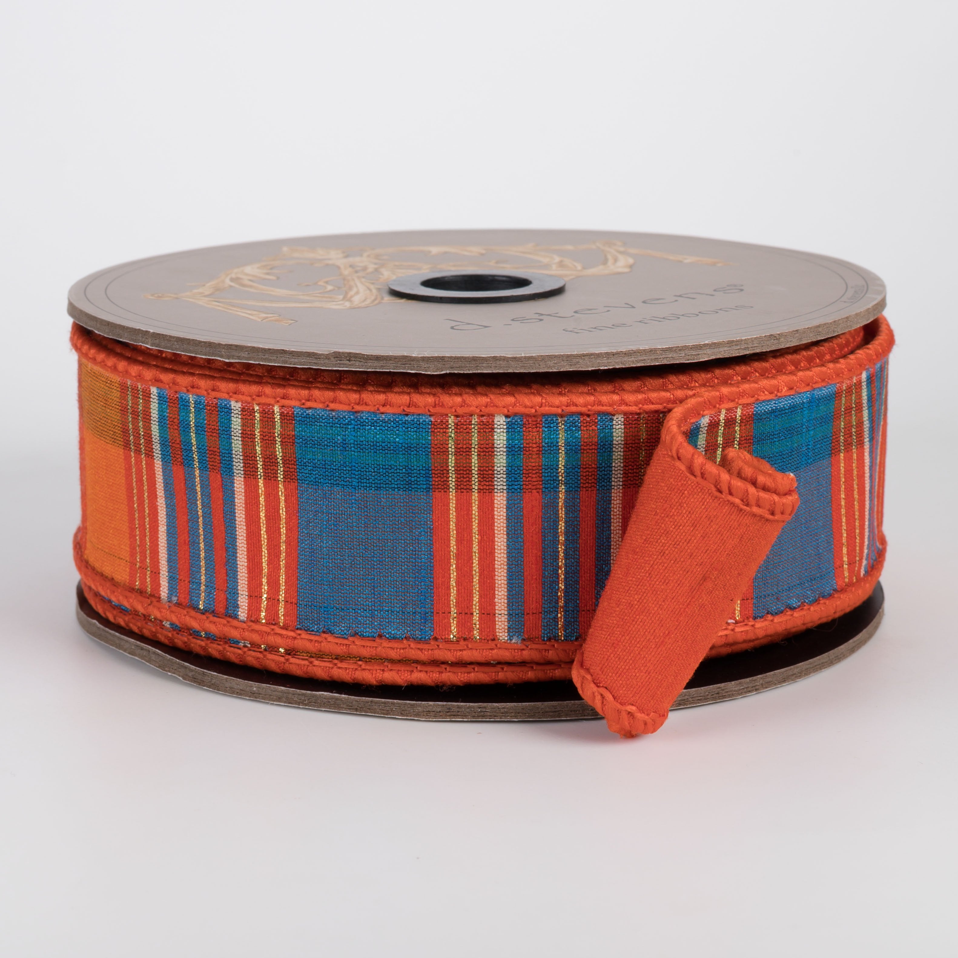 [D Stevens] 1.5" Dupioni & Gold Lurex Plaid Ribbon: Orange, Blue & White (10 Yards) Item Number: 05-1833