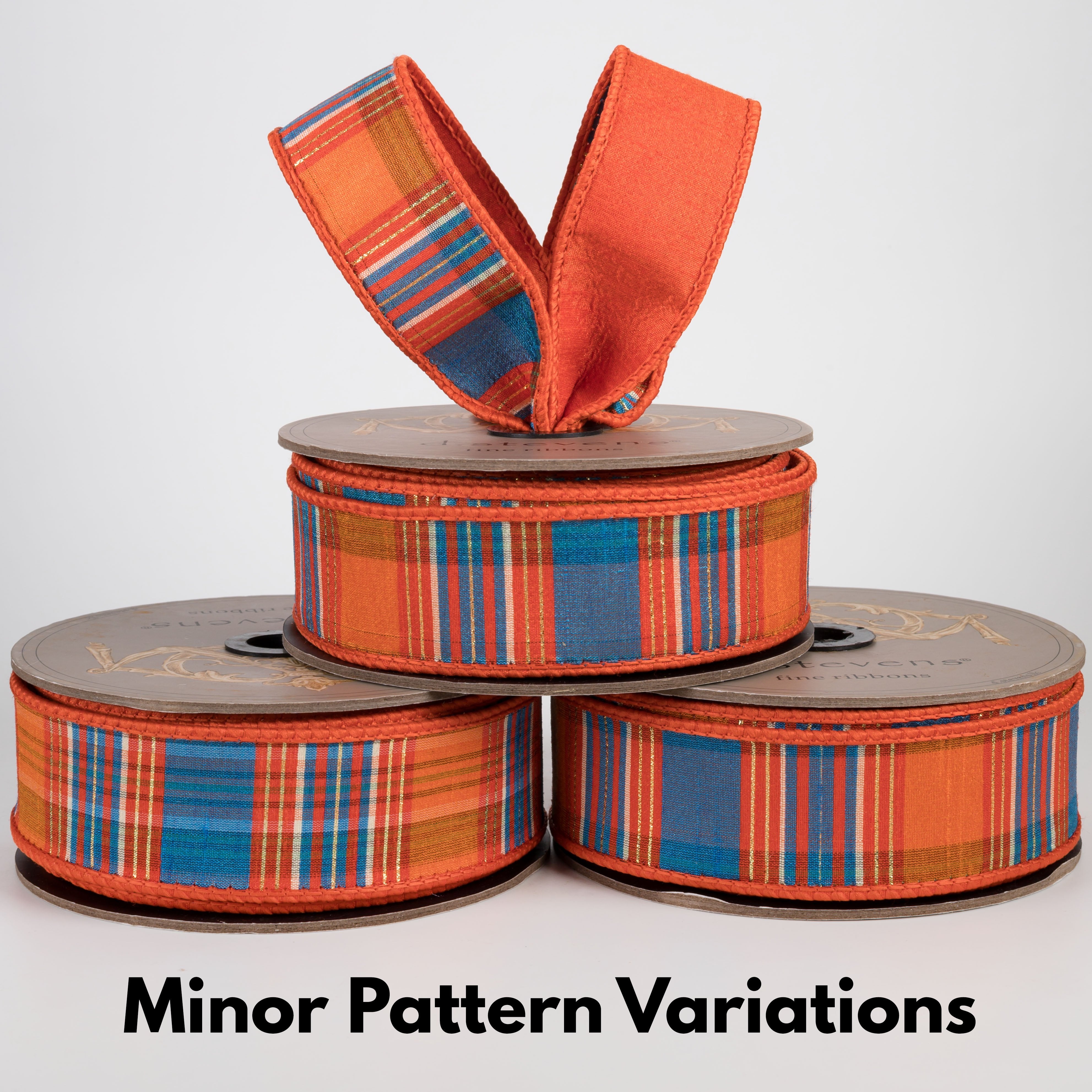 [D Stevens] 1.5" Dupioni & Gold Lurex Plaid Ribbon: Orange, Blue & White (10 Yards) Lifestyle Photo