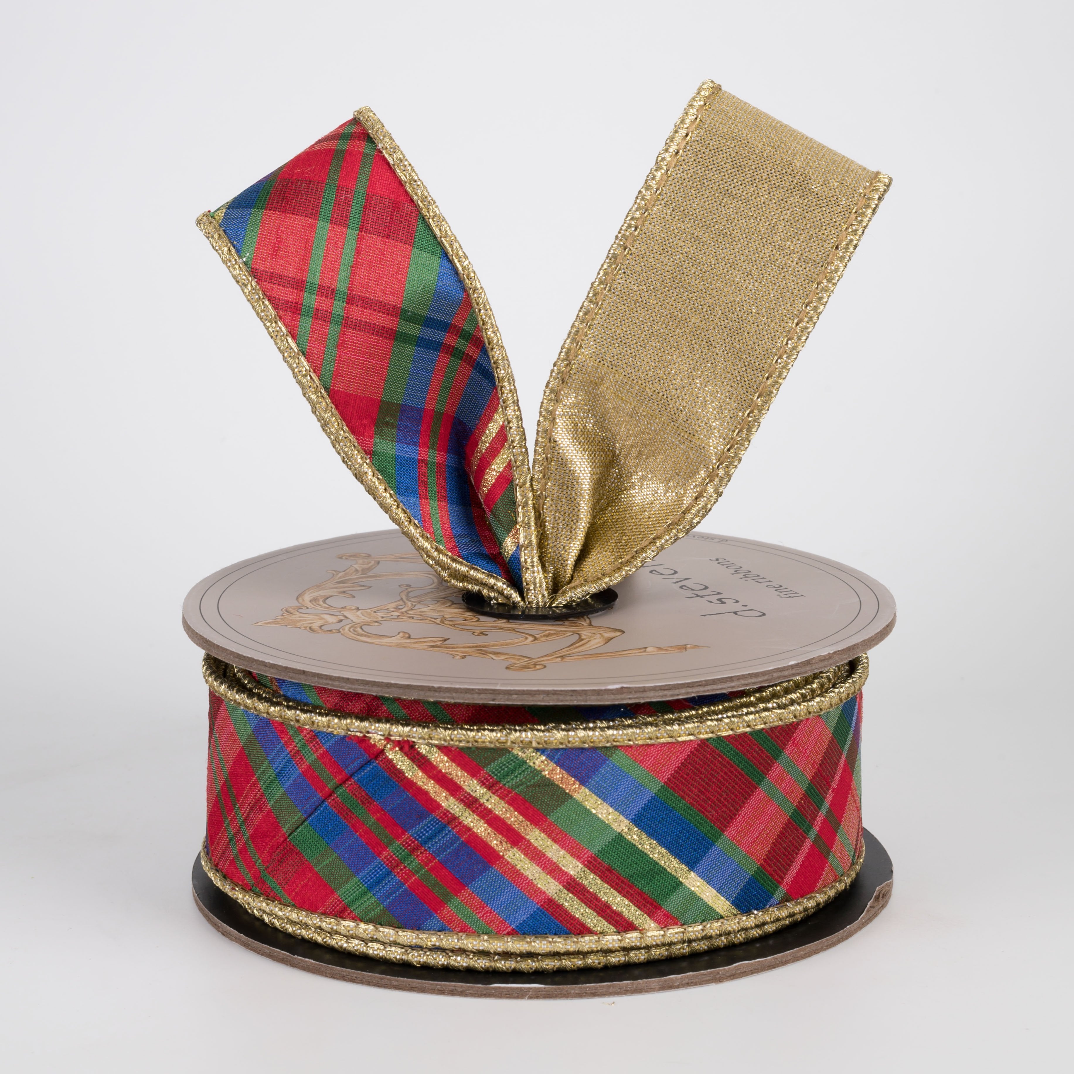 [D Stevens] 1.5" Faux Dupioni Gold Back Diagonal Preppy Yuletide Plaid Ribbon (10 Yards) Lifestyle Photo