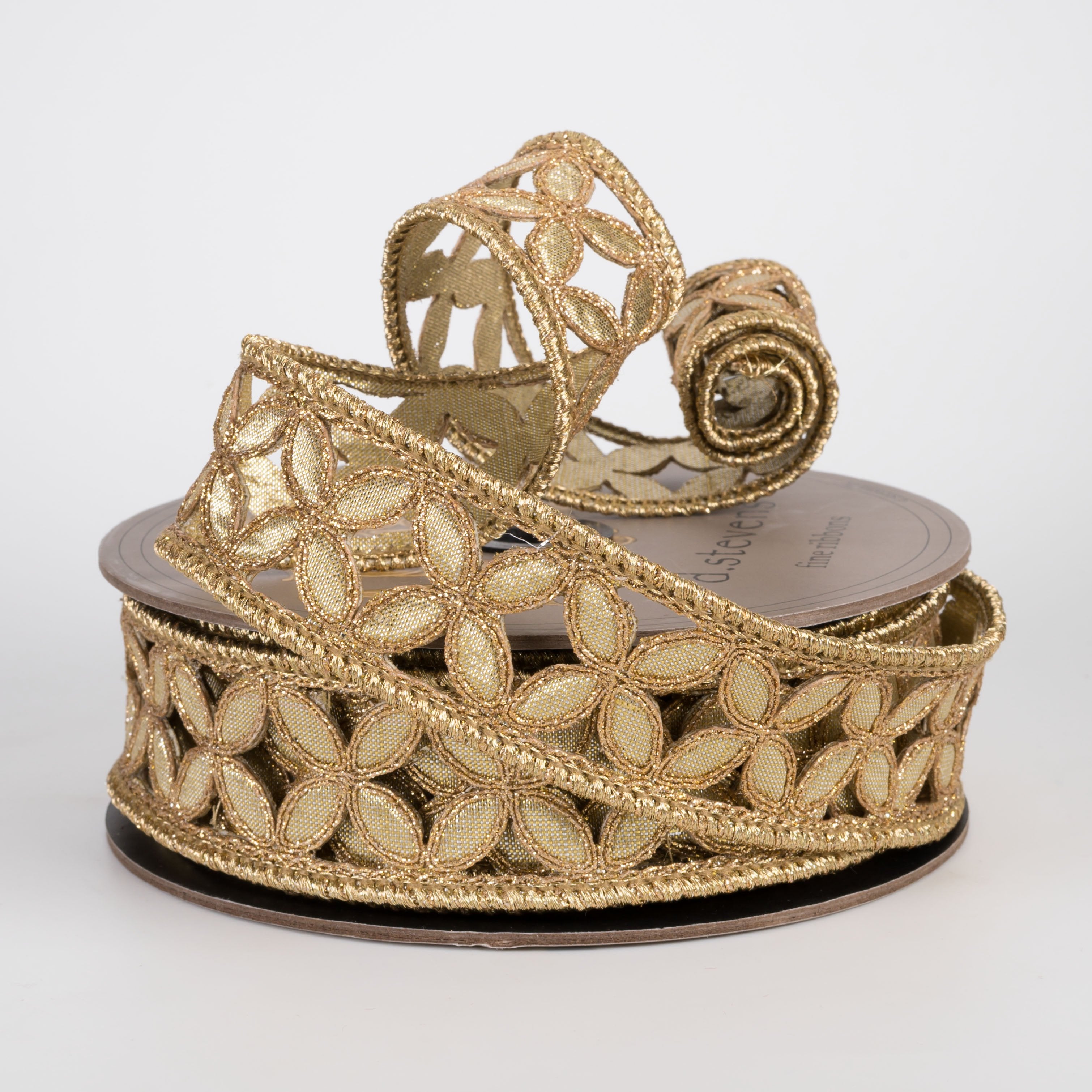 [D Stevens] 1.5" Metallic Floral Cutout Trim Ribbon: Gold (10 Yards) Lifestyle Photo