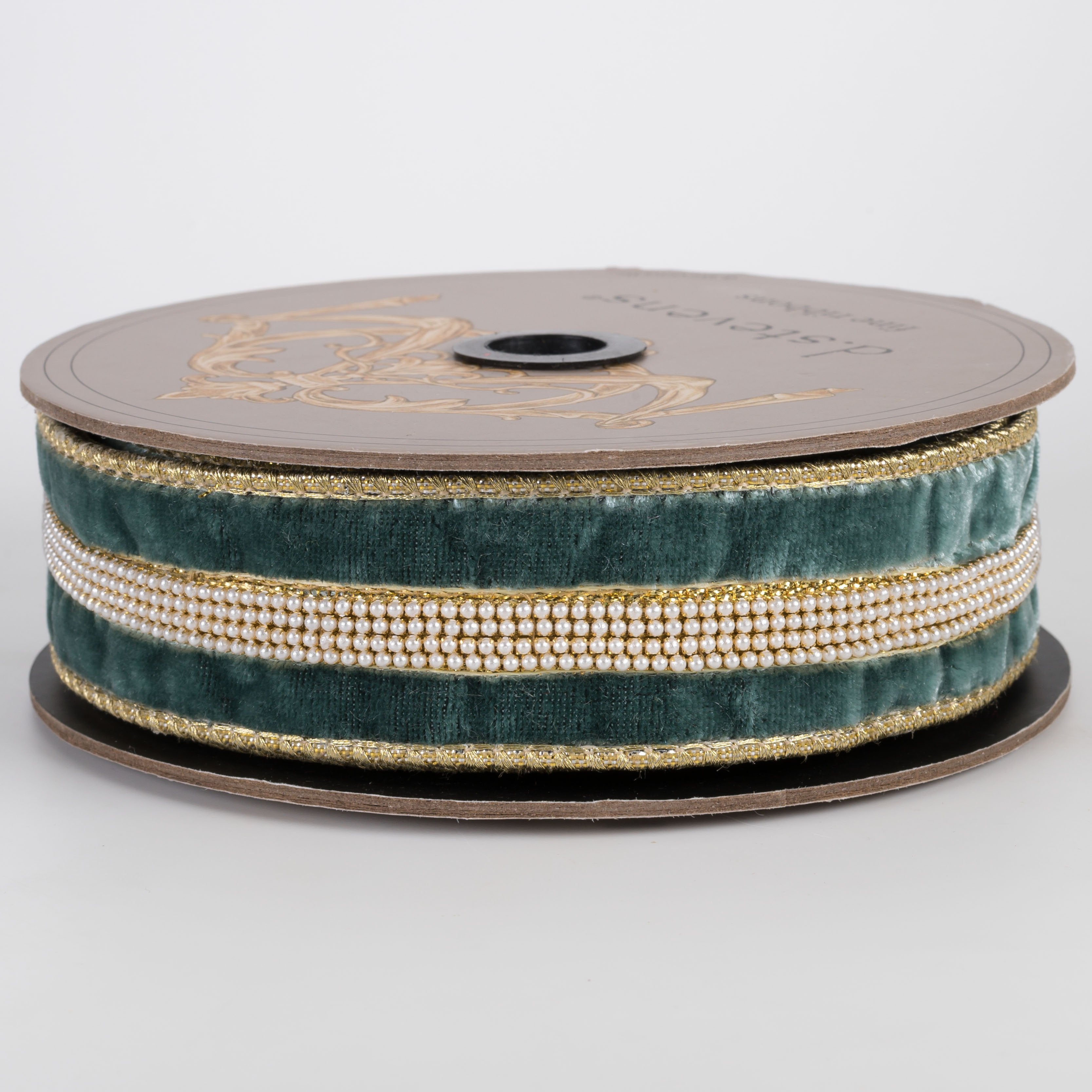 [D Stevens] 1.5" Pearl Center Trim Velvet Gold Back Ribbon: Celadon Green (5 Yards) Item Number: 05-2108