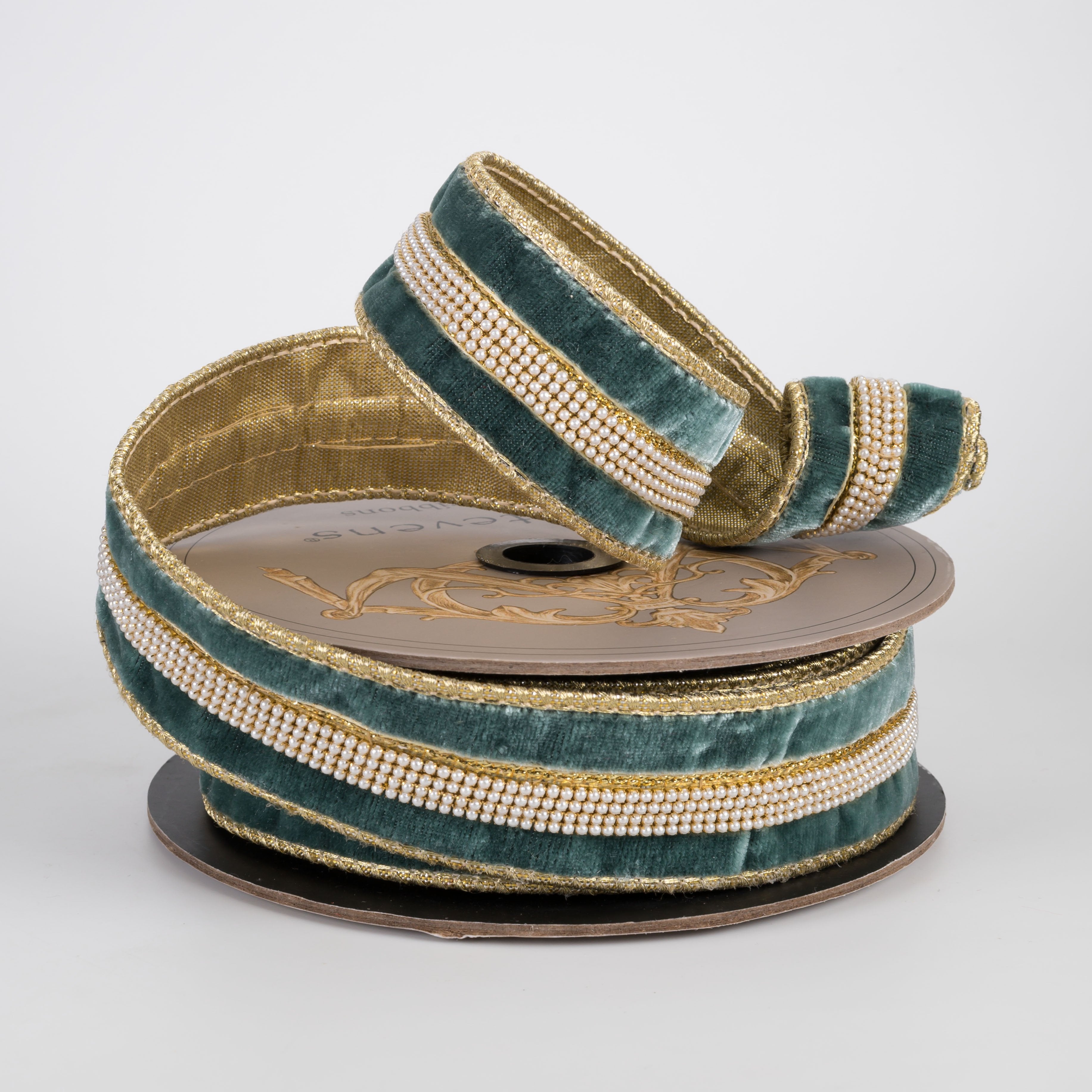 [D Stevens] 1.5" Pearl Center Trim Velvet Gold Back Ribbon: Celadon Green (5 Yards) Lifestyle Photo