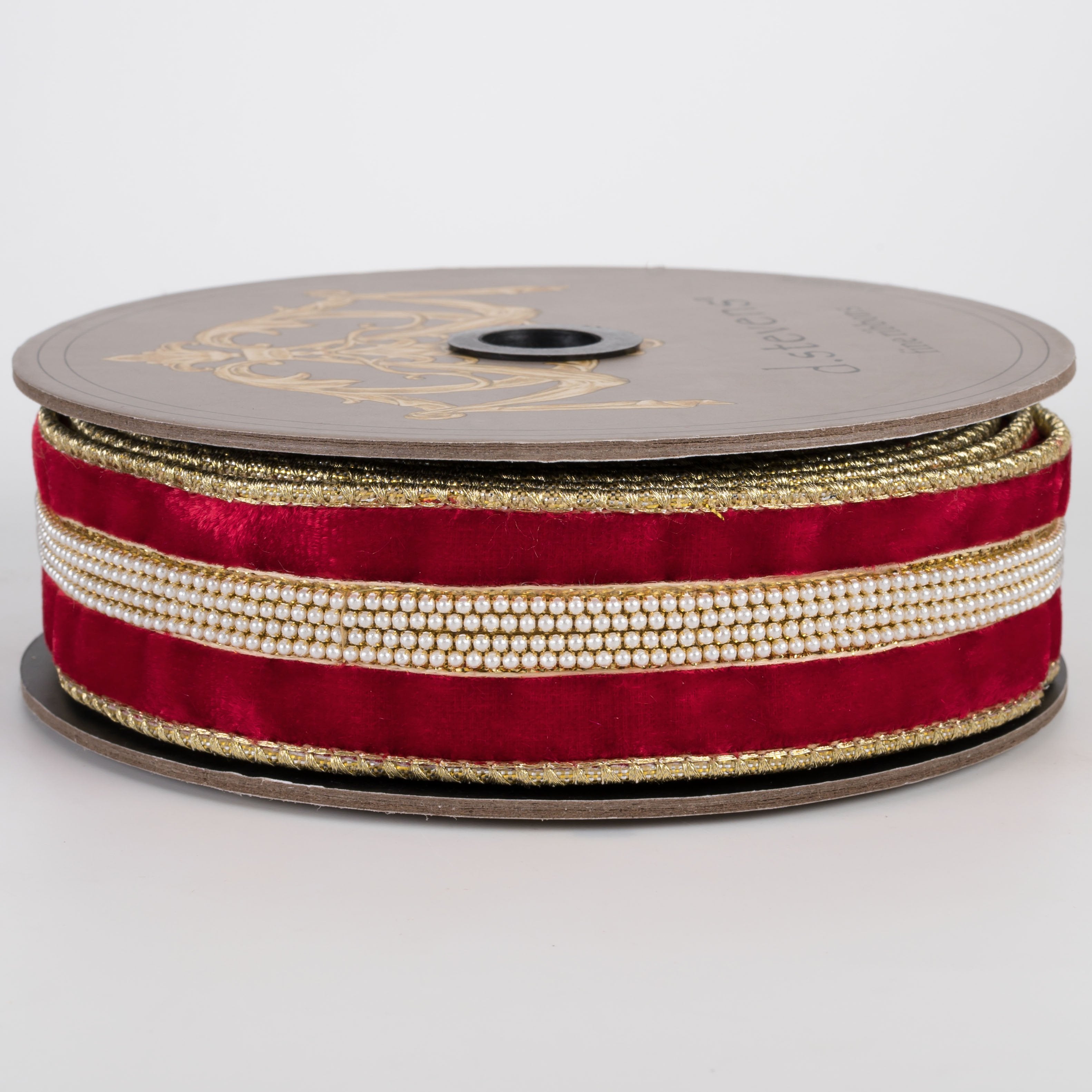 [D Stevens] 1.5" Pearl Center Trim Velvet Gold Back Ribbon: Red (5 Yards) Item Number: 05-2110