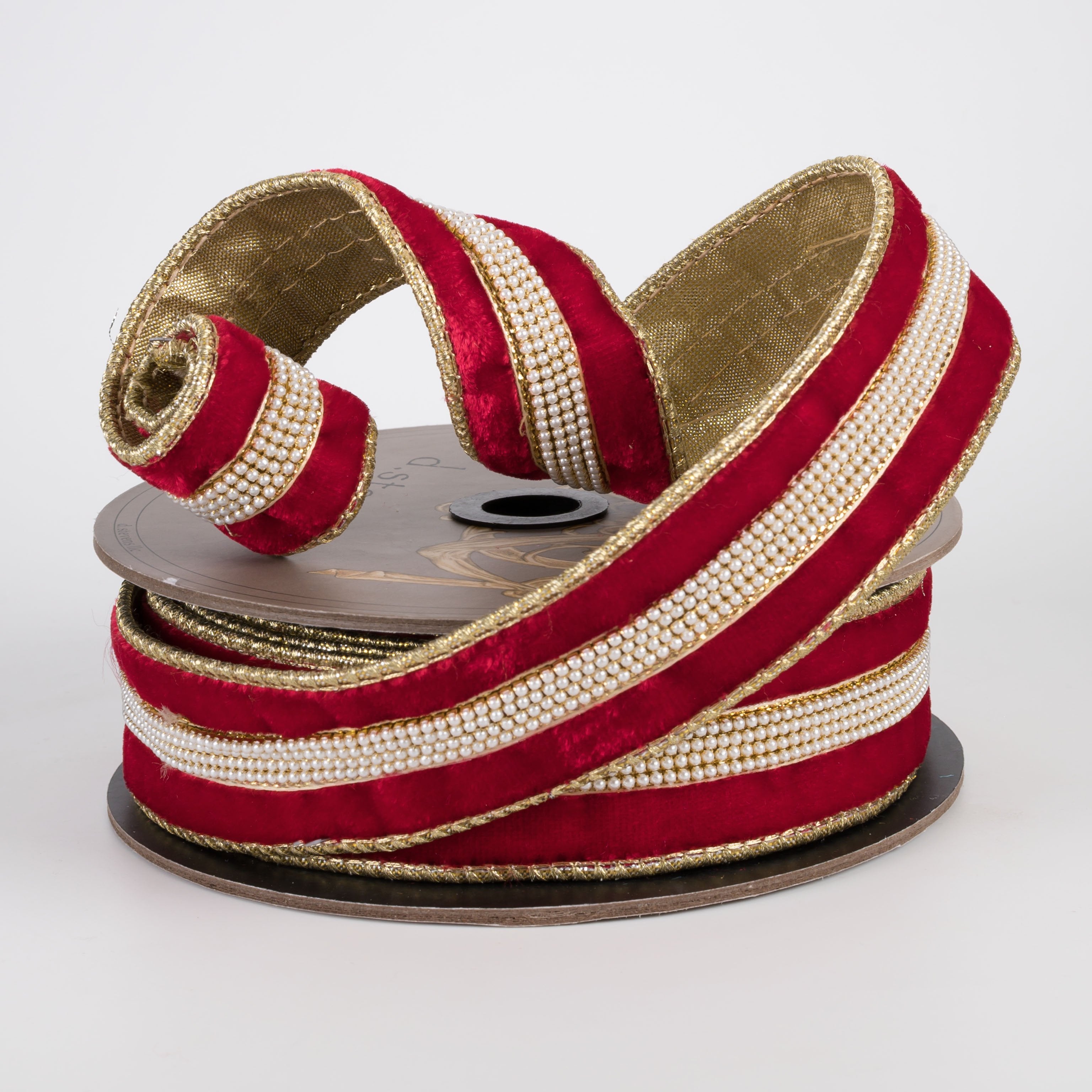 [D Stevens] 1.5" Pearl Center Trim Velvet Gold Back Ribbon: Red (5 Yards) Lifestyle Photo