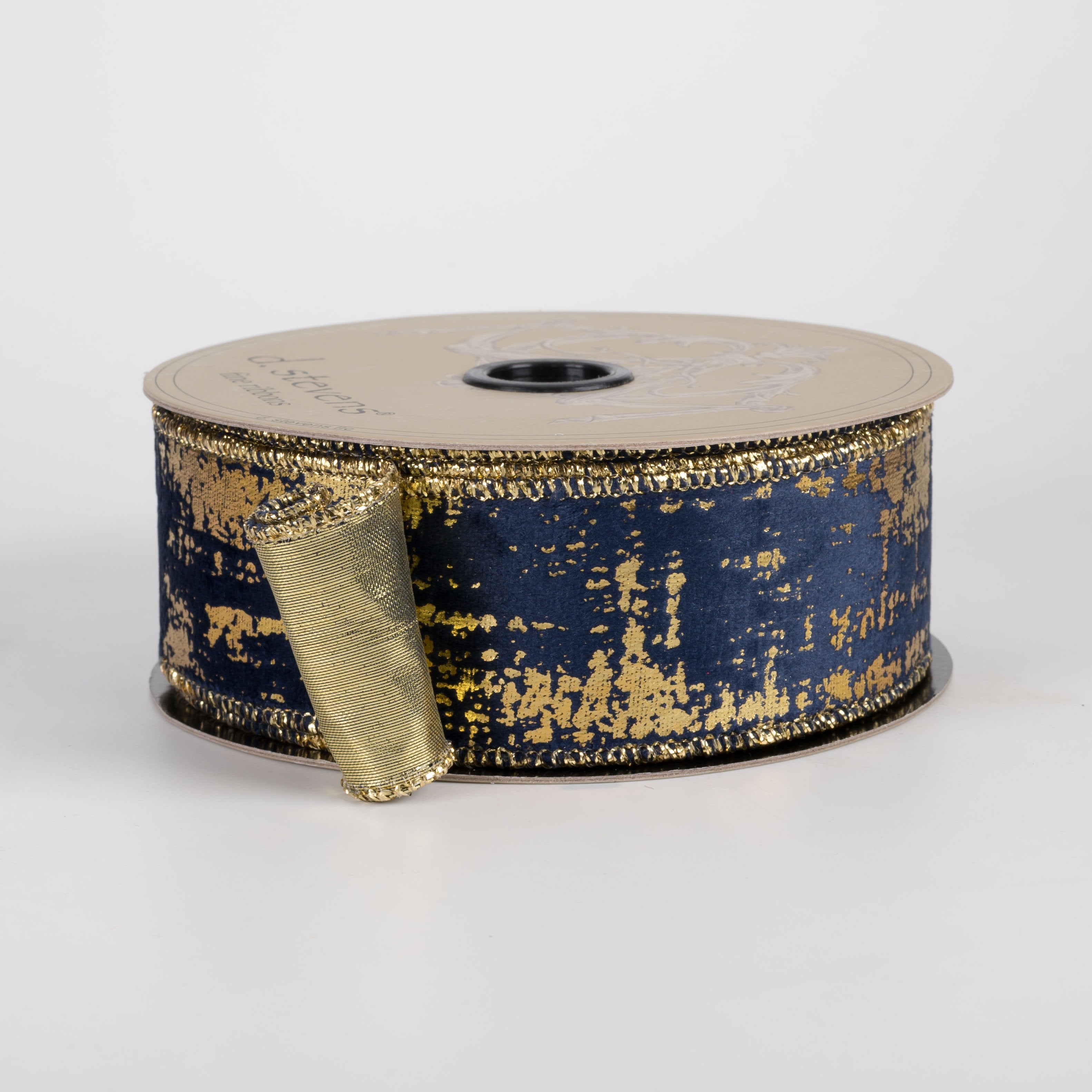 [D Stevens] 1.5" Suede Velvet Burnished Gold Back Ribbon: Navy Blue (10 Yards) Item Number: 09-5523