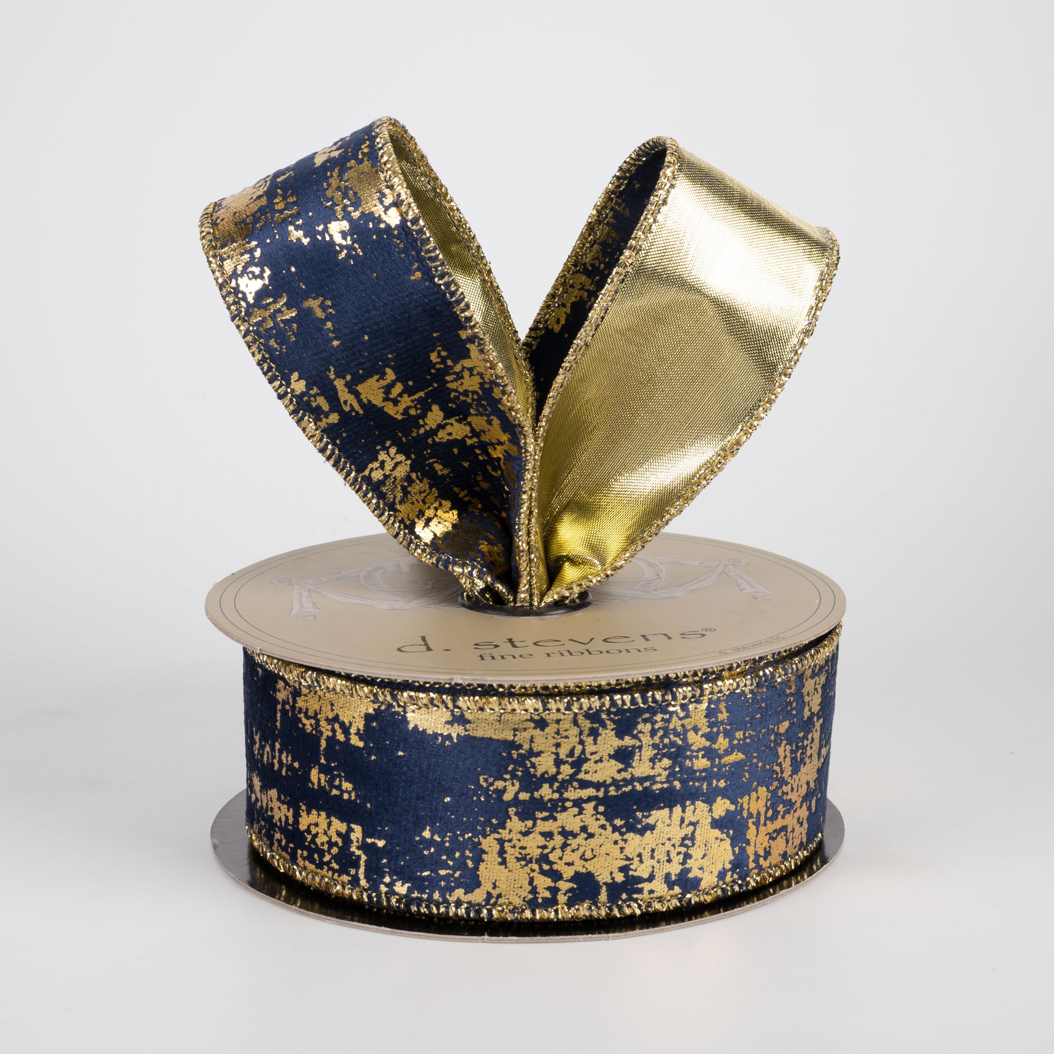 [D Stevens] 1.5" Suede Velvet Burnished Gold Back Ribbon: Navy Blue (10 Yards) Lifestyle Photo