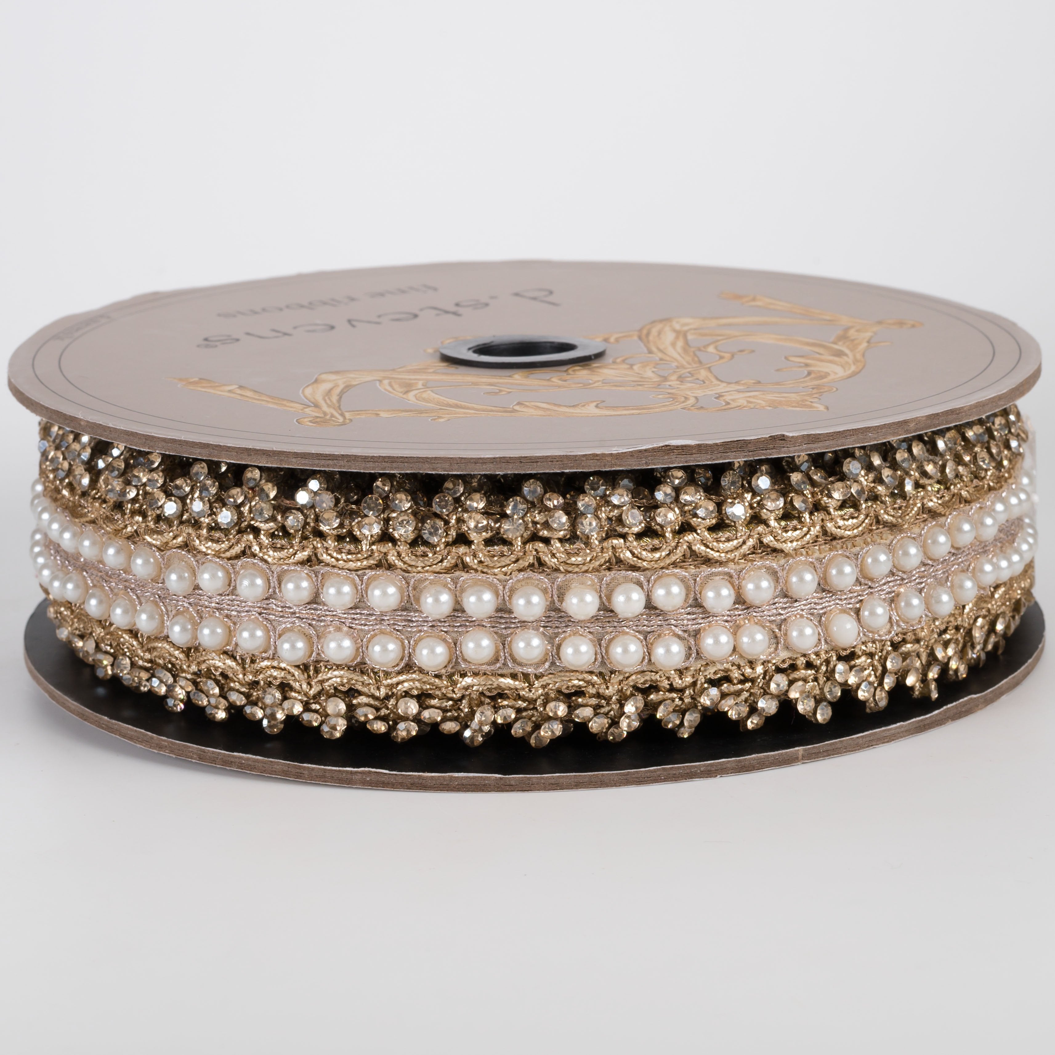 [D Stevens] 1.75" Jewels & Pearls Countess Trim Ribbon: Gold (5 Yards) Item Number: 05-1628