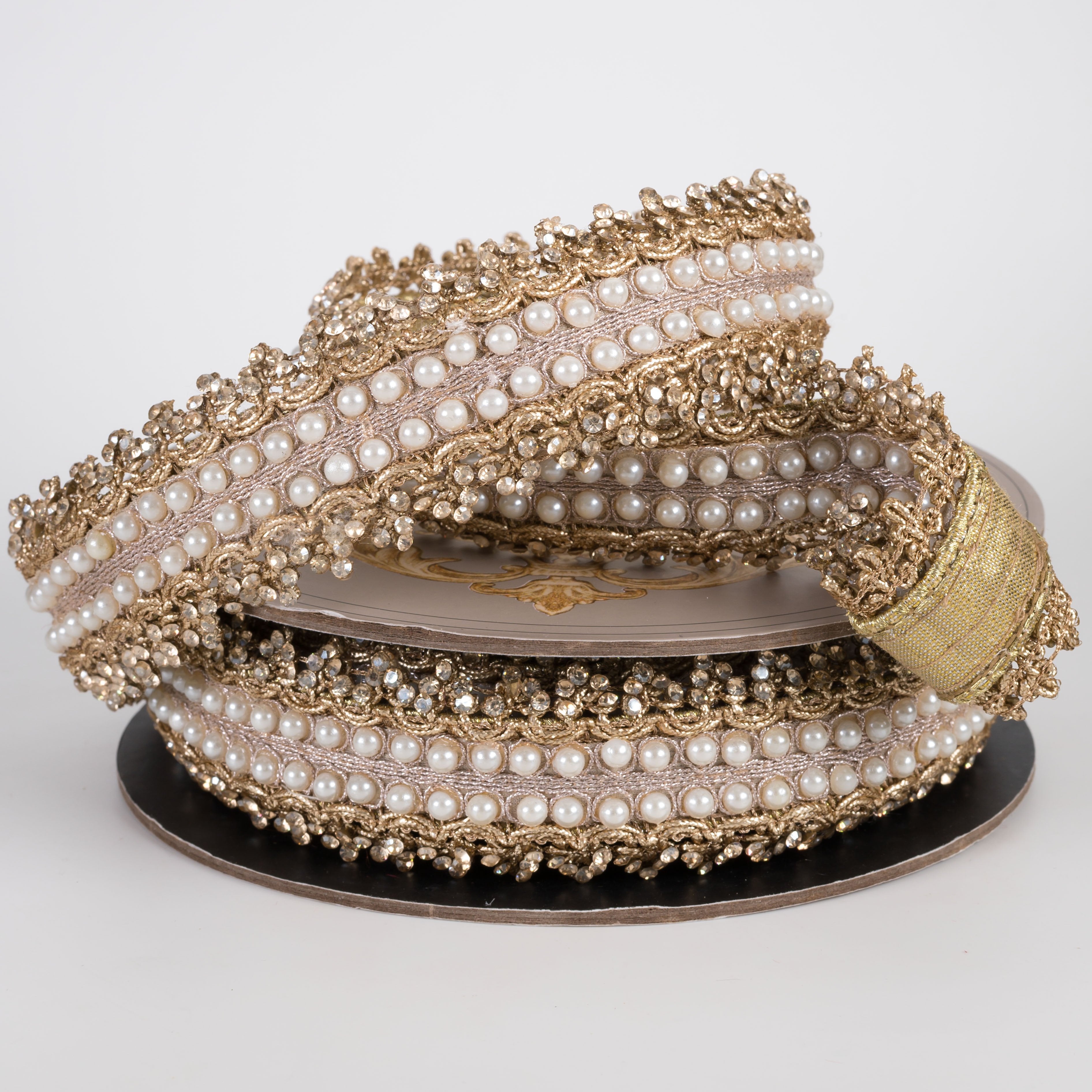 [D Stevens] 1.75" Jewels & Pearls Countess Trim Ribbon: Gold (5 Yards) Lifestyle Photo