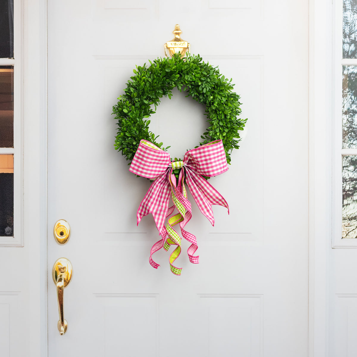 [D Stevens] 16" Faux Linen Gingham Bow: Pink with Lime Green Back Lifestyle Photo