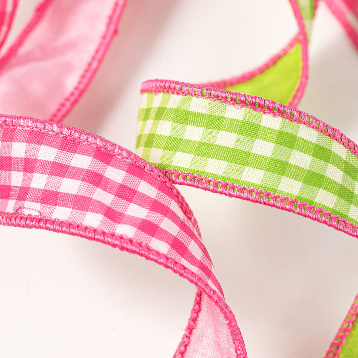 [D Stevens] 16" Faux Linen Gingham Bow: Pink with Lime Green Back detail photo 3