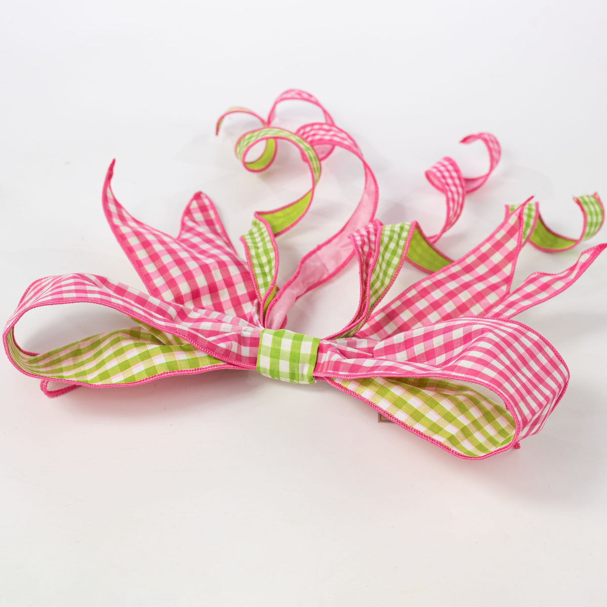[D Stevens] 16" Faux Linen Gingham Bow: Pink with Lime Green Back detail photo 4