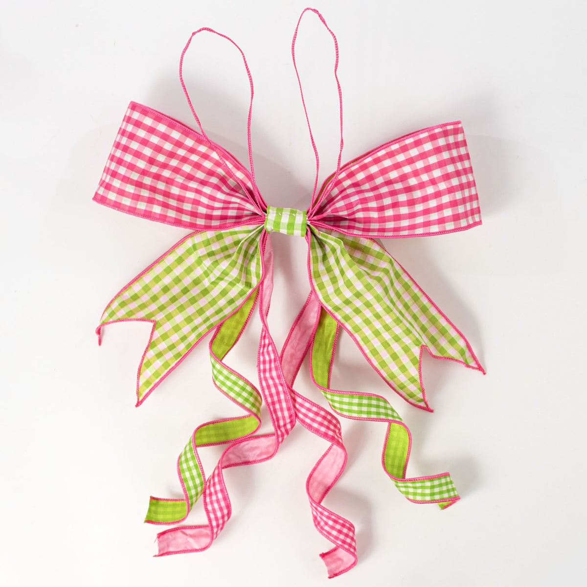 [D Stevens] 16" Faux Linen Gingham Bow: Pink with Lime Green Back detail photo 5
